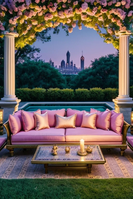 Create a dreamy, luxurious outdoor scene at twilight with a view overlooking a distant city. The setting has elegant, tall, arched columns and an inviting pool with soft reflections. The furniture is romantic and opulent, featuring a plush, pink sofa with delicate pillows. A vintage-style, ornate side table is adorned with candle holders casting a warm glow. Surrounding foliage and delicate flowers add a natural, whimsical charm to the scene. The sky is a gradient of purples and pinks, enhancing the magical, serene atmosphere. 1980 retro