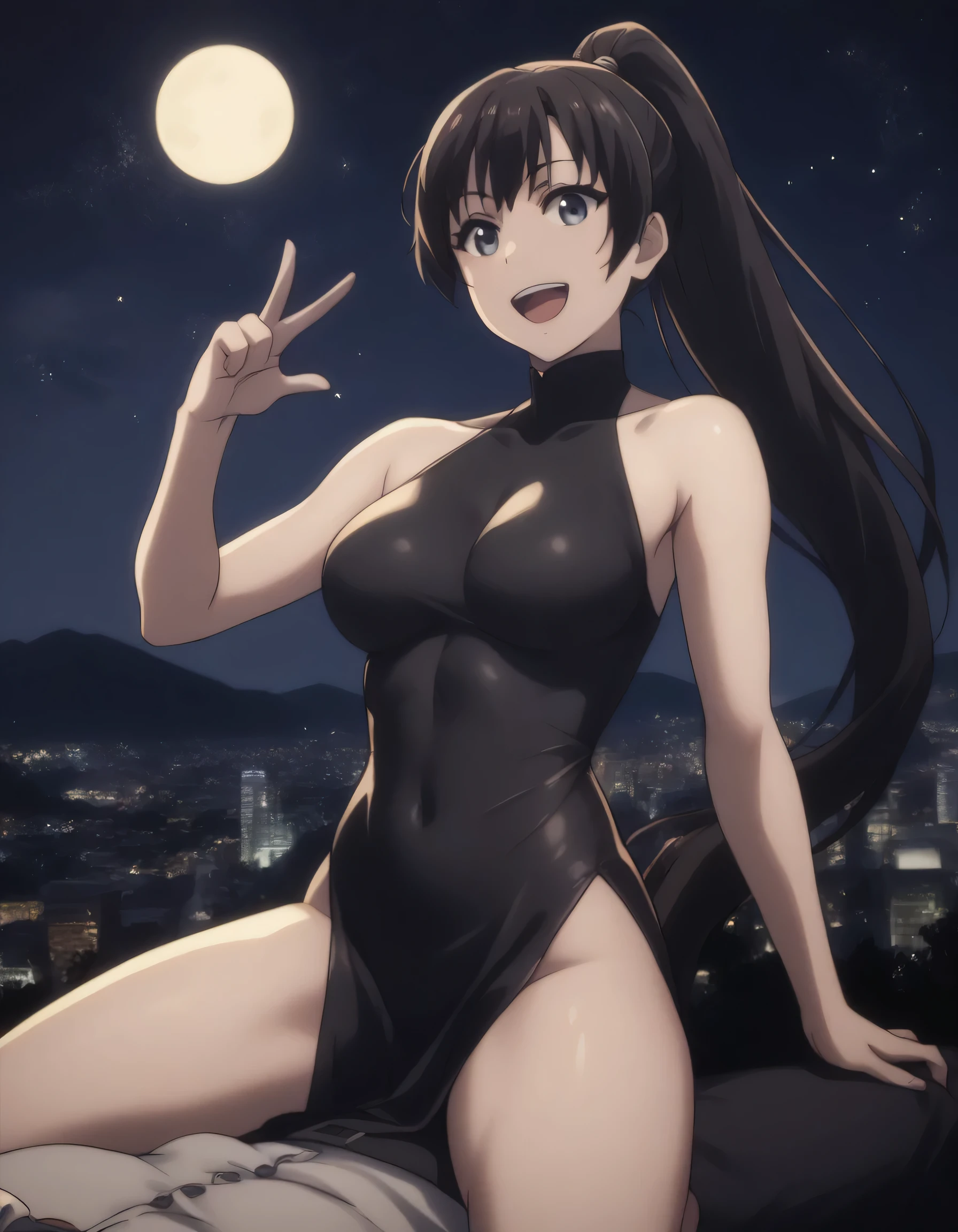 score_9, score_8_up, score_7_up, gsfghtr, long ponytail hair, black hair, bodycon dress, 1girl, sweet smile, open mouth, night, on top of mountain, city view, moon, shooting stars