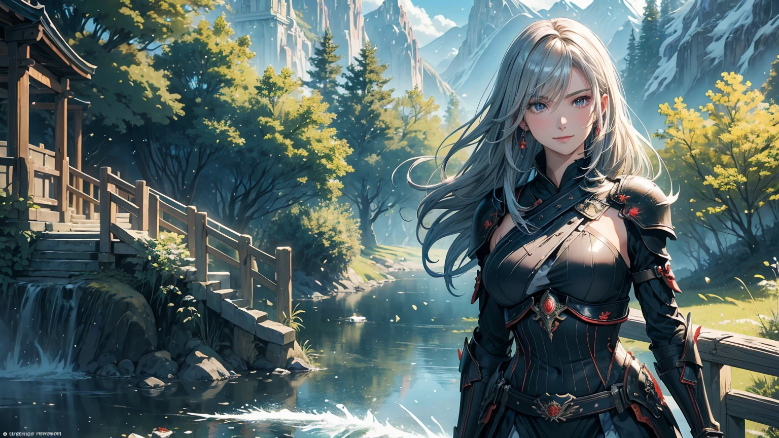 
Fantasy Anime Landscape Portrait: A high-resolution anime-style scene featuring a beautiful 22-year-old female warrior, confident and alone in a lush, open landscape. A striking warrior of goodness, her beauty and charm devoid of any trace of vulgarity. The only character represented in the image, depicted in an upright pose, either from the waist up or in full-body view, facing the viewer with a gentle smile and direct gaze. Long, flowing silver hair framing her face, bright eyes detailed and expressive, exuding strength and charm. Flawless, porcelain-smooth skin complementing delicate facial features, including a refined nose and soft, glossy lips.

An ultra-detailed illustration of a stunning supermodel-quality warrior, reminiscent of the elegance of Milla Jovovich. A captivating Fantasyland background, distant mountains, flowing rivers, and ancient ruins partially hidden by vibrant greenery. A dramatic sky with soft hues, creating vibrant contrast with the lush landscape. Detailed 8K resolution and HDR lighting highlighting her figure against the surroundings, high-contrast shadows adding depth.

Lightweight armor with intricate metal and leather details, showcasing her graceful form. Tattoos of red roses and ancient symbols adorning her arms, reflecting natural beauty and connection to the world around her. The scene capturing the warrior's enchanting appearance and rich details of her environment in an ultra-realistic, Genshin Impact-inspired anime style.

A perfect fantasy anime wallpaper enhanced by a beautiful sunny day in a coniferous forest, an enchanting atmosphere further enriched by soft anime tones and luminism, adding depth to the illustration. A three-dimensional sensation, showcasing the stunning warrior alone in a vast, open world filled with mountains, rivers, and ancient ruins, all captured with extreme detail and vibrant colors.