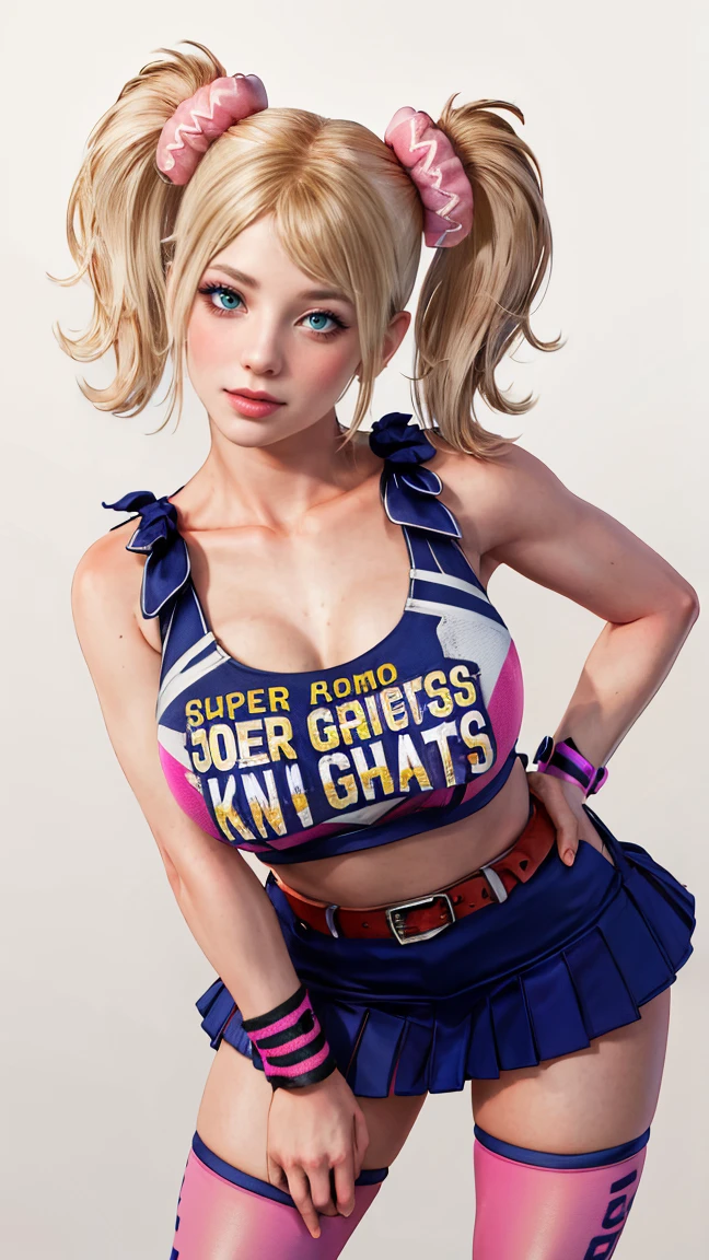 masterpiece, absurdres, juliet starling, twintails, cheerleader, crop top, clothes writing, skirt, thighhighs, belt, wristband, midriff, 1girl, solo, mature female, perfect composition, detailed lips, ((huge breast:1.1)), beautiful face, body proportion, blush, (pink lips), soft gaze, super realistic, detailed, photoshoot, realistic face and body, thighhighs, provocative pose 