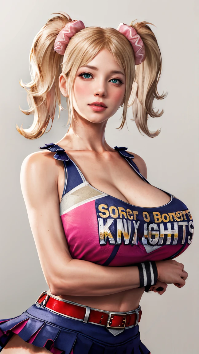 masterpiece, absurdres, juliet starling, twintails, cheerleader, crop top, clothes writing, skirt, thighhighs, belt, wristband, midriff, 1girl, solo, mature female, perfect composition, detailed lips, ((huge breast:1.1)), beautiful face, body proportion, blush, (pink lips), soft gaze, super realistic, detailed, photoshoot, realistic face and body, thighhighs, provocative pose 