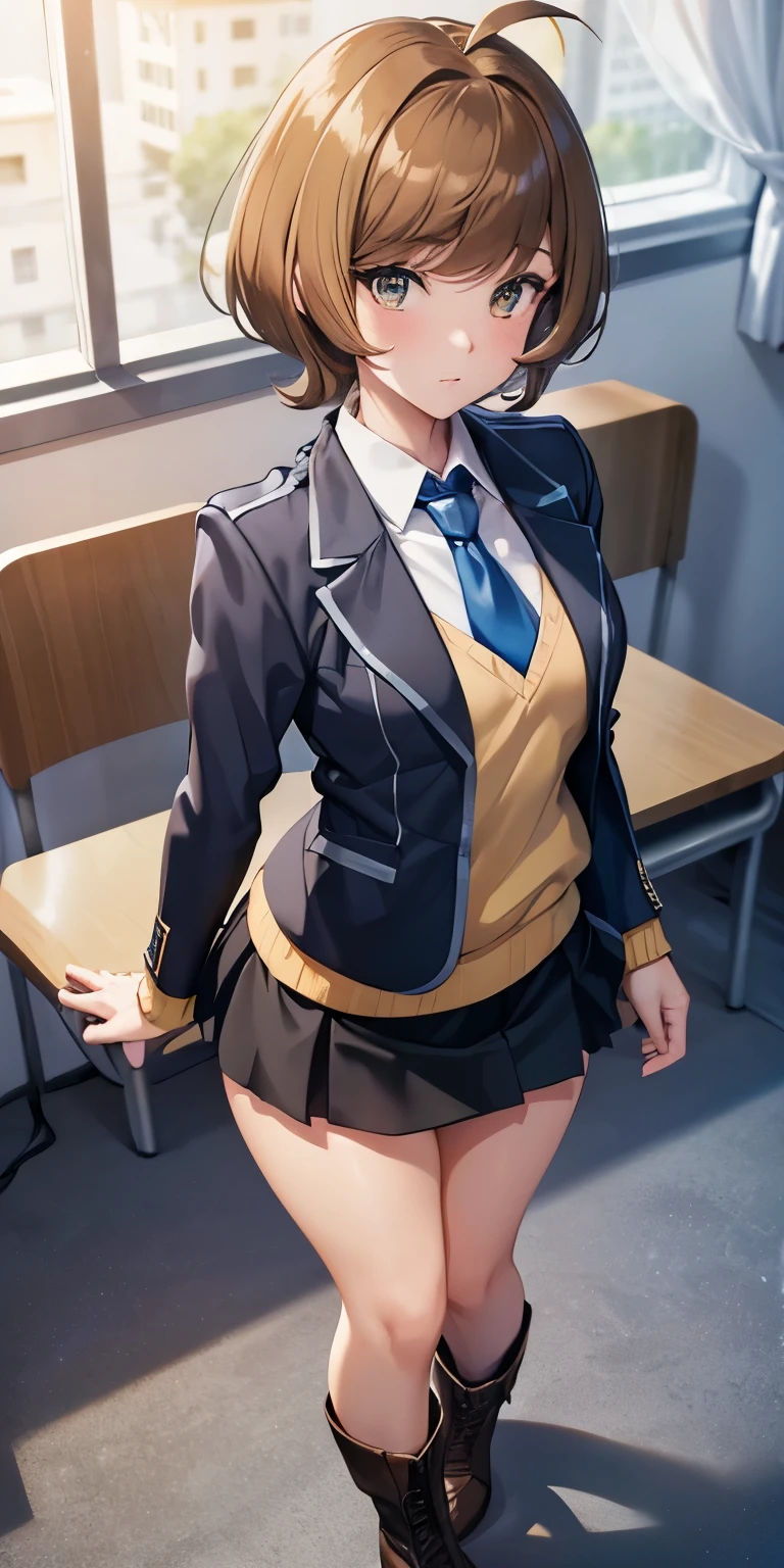 1 Female,High definition,high resolution,Ultra-realistic,8K, hmza, short hair, antenna hair, brown eyes, blue necktie, yellow shirt,black jacket, long sleeves, black skirt,tight skirt, ((miniskirt)), school uniform ,brown boots, medium breasts,European,sexy,Upper body close-Photographed from the front,Dynamic Angles,private teacher,blush, small tits ,(top view),(full body) ,(from behind ),big ass