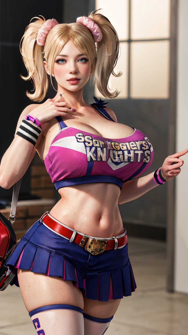 masterpiece, absurdres, juliet starling, twintails, cheerleader, crop top, clothes writing, skirt, thighhighs, belt, wristband, midriff, 1girl, solo, mature female, perfect composition, detailed lips, ((huge breast:1.1)), beautiful face, body proportion, blush, (pink lips), soft gaze, super realistic, detailed, photoshoot, realistic face and body, thighhighs, provocative pose 