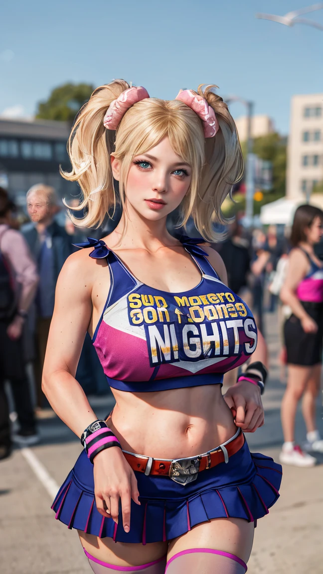 masterpiece, absurdres, juliet starling, twintails, cheerleader, crop top, clothes writing, skirt, thighhighs, belt, wristband, midriff, 1girl, solo, mature female, perfect composition, detailed lips, ((huge breast:1.1)), beautiful face, body proportion, blush, (pink lips), soft gaze, super realistic, detailed, photoshoot, realistic face and body, thighhighs, provocative pose 