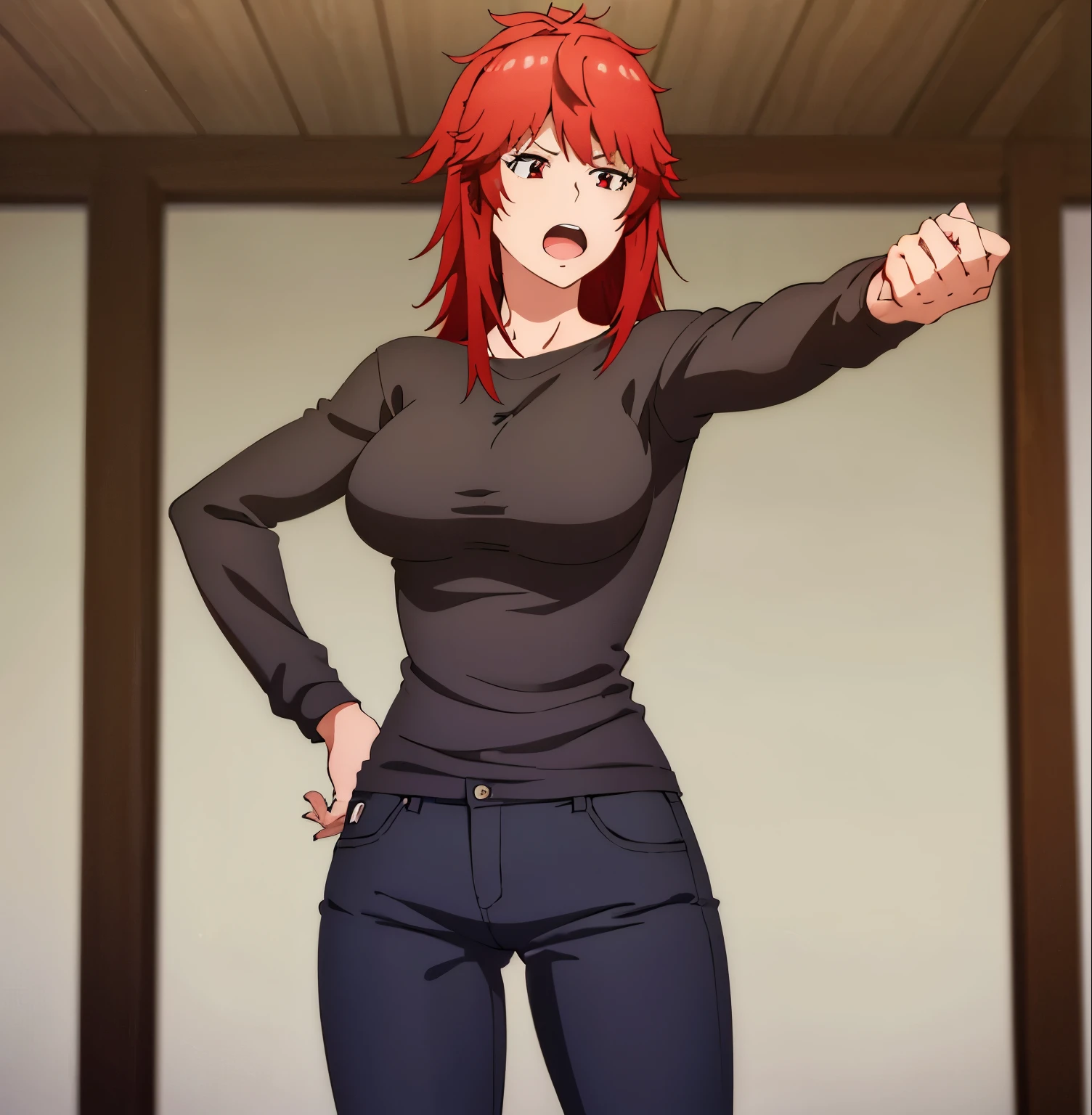 1 girl, alone, akemi aizawa, masterpiece, best quality, solo, long hair, red hair, red eyes, breasts in ponytail, looking at viewer, open mouth, bangs, black shirt, long sleeves, blue jeans, pants tight, big breasts, medium waist, wide hips, medium thighs, side locks, red hair, indoors, medium hair, hand on hip, black shirt, tall, perfect anatomy, perfect hands, milf, focus on hips:1.3,point of vist:(from below)