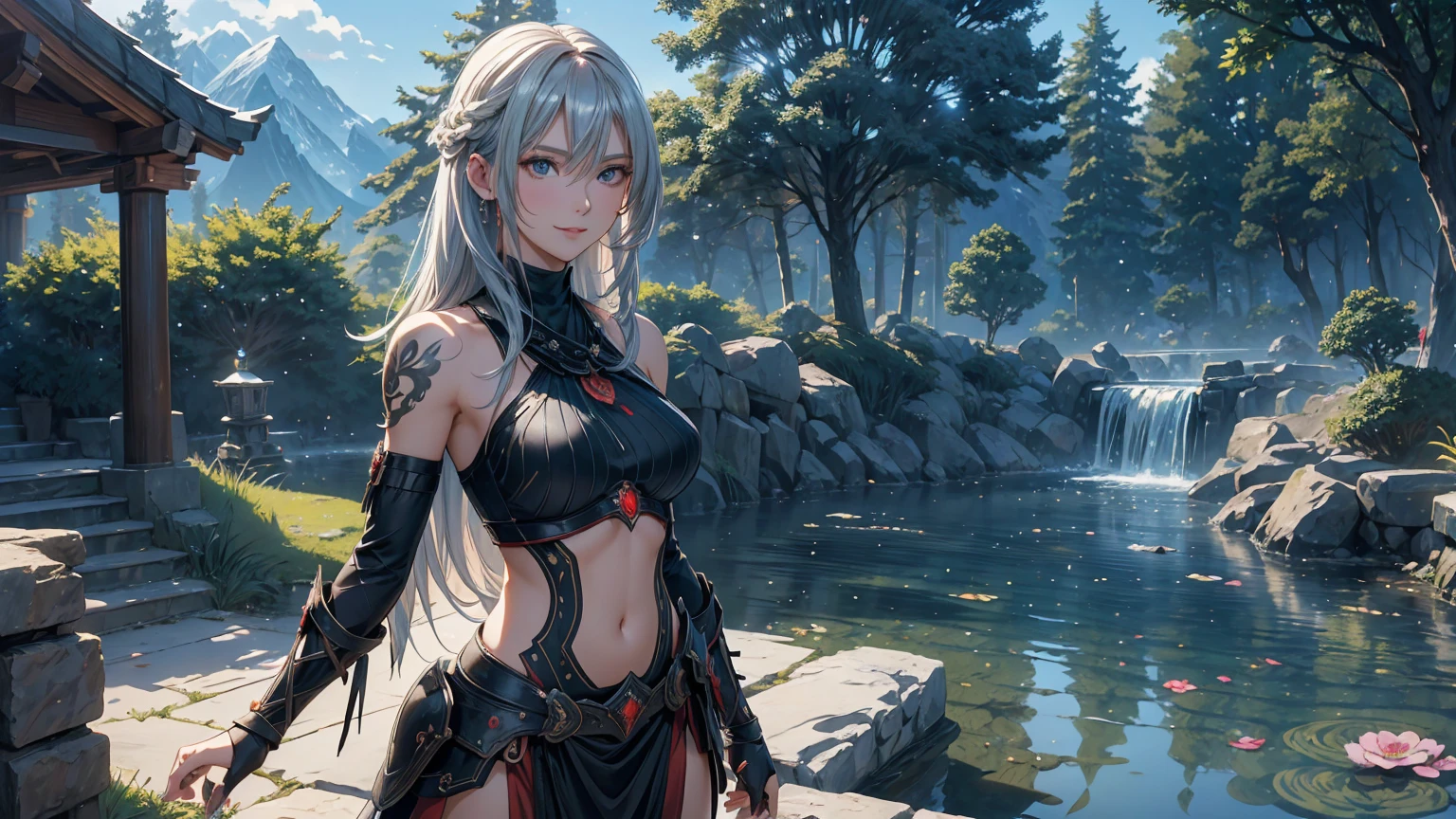 
Fantasy Anime Landscape Portrait: A high-resolution anime-style scene featuring a beautiful 22-year-old female warrior, confident and alone in a lush, open landscape. A striking warrior of goodness, her beauty and charm devoid of any trace of vulgarity. The only character represented in the image, depicted in an upright pose, either from the waist up or in full-body view, facing the viewer with a gentle smile and direct gaze. Long, flowing silver hair framing her face, bright eyes detailed and expressive, exuding strength and charm. Flawless, porcelain-smooth skin complementing delicate facial features, including a refined nose and soft, glossy lips.

An ultra-detailed illustration of a stunning supermodel-quality warrior, reminiscent of the elegance of Milla Jovovich. A captivating Fantasyland background, distant mountains, flowing rivers, and ancient ruins partially hidden by vibrant greenery. A dramatic sky with soft hues, creating vibrant contrast with the lush landscape. Detailed 8K resolution and HDR lighting highlighting her figure against the surroundings, high-contrast shadows adding depth.

Lightweight armor with intricate metal and leather details, showcasing her graceful form. Tattoos of red roses and ancient symbols adorning her arms, reflecting natural beauty and connection to the world around her. The scene capturing the warrior's enchanting appearance and rich details of her environment in an ultra-realistic, Genshin Impact-inspired anime style.

A perfect fantasy anime wallpaper enhanced by a beautiful sunny day in a coniferous forest, an enchanting atmosphere further enriched by soft anime tones and luminism, adding depth to the illustration. A three-dimensional sensation, showcasing the stunning warrior alone in a vast, open world filled with mountains, rivers, and ancient ruins, all captured with extreme detail and vibrant colors.