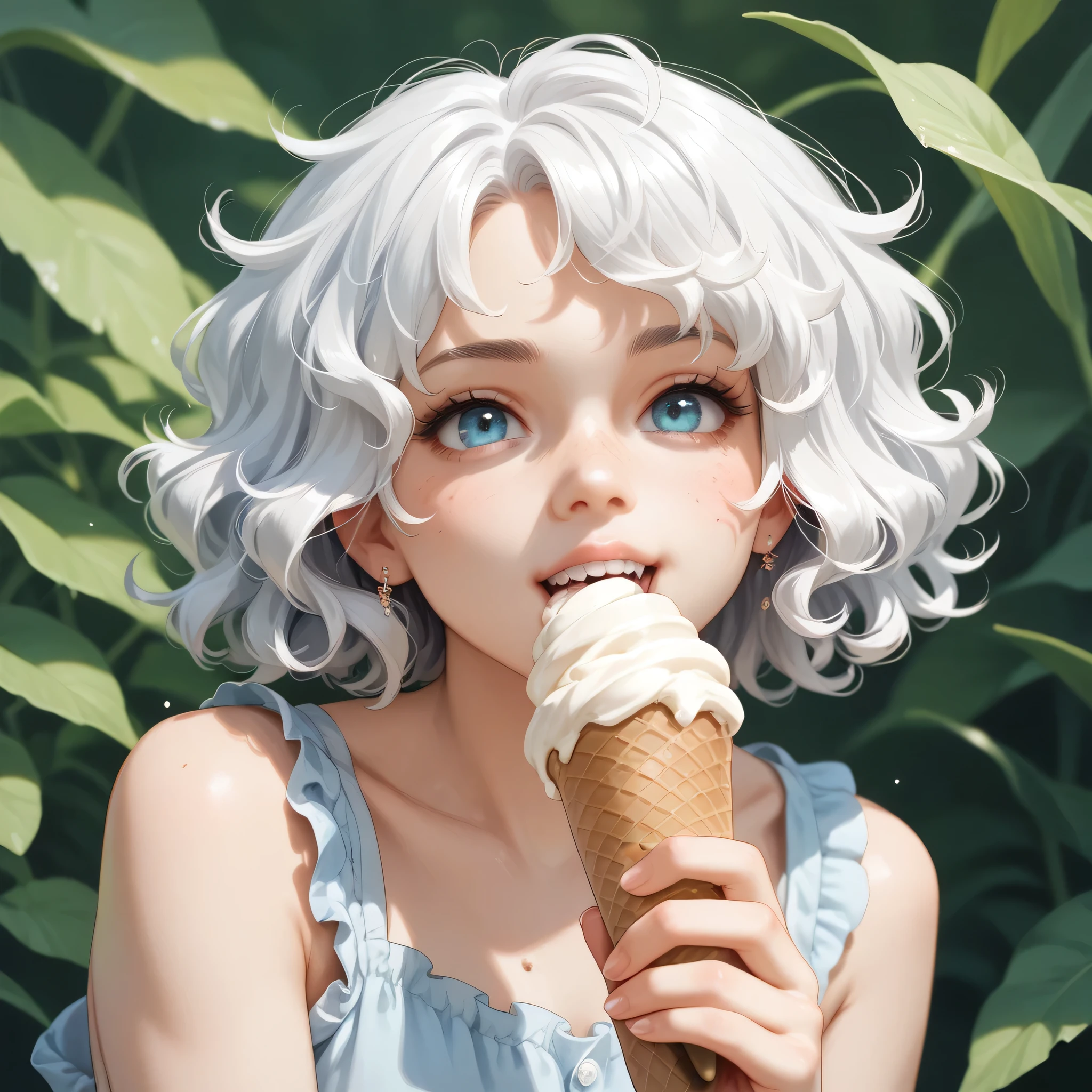 album cover , in front of a white ice cream , next to a white-haired girl about to take a bite of ice cream, dynamic. Better quality. pelo dynamic