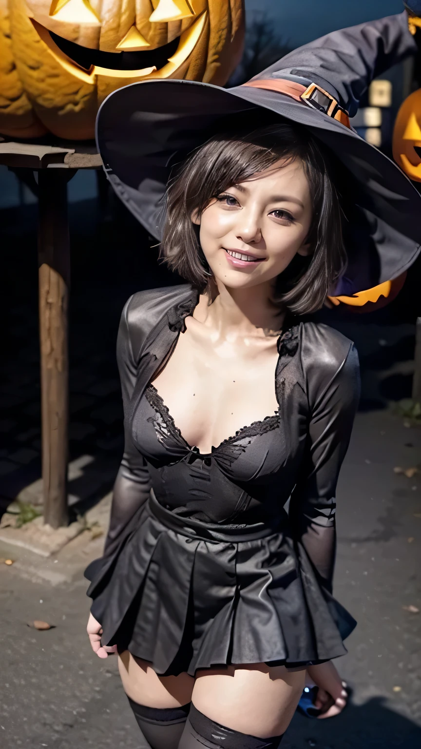  Halloween Night:1.3、(Sit in the alley:1.2、witch、(Squint your eyes and laugh:1.5、 big smile )、 open crotch :1.5、 Open legs、 detailed panties)、(( Halloween Cosplay 、Black pointed hat、witch costume、 pleated skirt:1.2、 Over Knee High Socks:1.5))、( viewed from below)、(Realistic、 as in the picture 、live-action、8k, Realistic, RAW photo, Highest quality: 1.4),  SLR camera 、RAW photo, Best Quality, Realistic,  Highly Detailed CG Unity 8k Wallpaper,  written boundary depth, Cinematic Light,  lens flare ,  ray tracing, Realistic background、(( super dense skin ))、 after school、(whole body:1.5)、( short hair:1.2、  Hair Blown in the Wind :1.4)、i like that style、 stylish 、 very detailed、  details that are exposed above the knee 、Perfect outfit、( tanned skin)、Accurate hands、Accurate legs、 Detailed hands and fingers 、  Anatomically Correct Body 、Thin legs、 thin thighs、 small breasts、 very detailedな顔