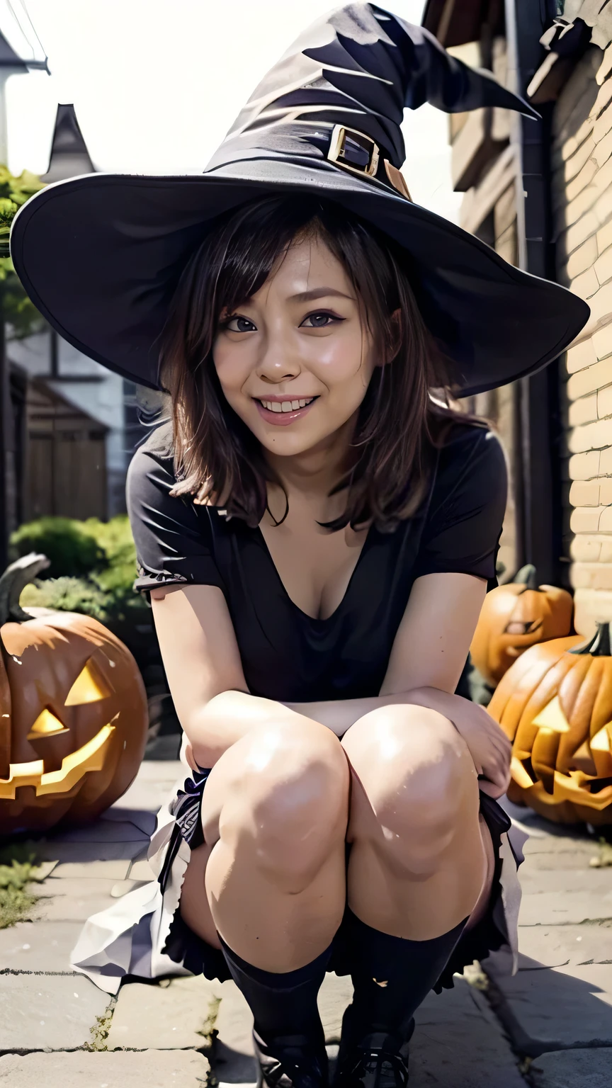  Halloween Night:1.3、(Sit in the alley:1.2、witch、(Squint your eyes and laugh:1.5、 big smile )、 open crotch :1.5、 Open legs、 detailed panties)、(( Halloween Cosplay 、Black pointed hat、witch costume、 pleated skirt:1.2、 Over Knee High Socks:1.5))、( viewed from below)、(Realistic、 as in the picture 、live-action、8k, Realistic, RAW photo, Highest quality: 1.4),  SLR camera 、RAW photo, Best Quality, Realistic,  Highly Detailed CG Unity 8k Wallpaper,  written boundary depth, Cinematic Light,  lens flare ,  ray tracing, Realistic background、(( super dense skin ))、 after school、(whole body:1.5)、( short hair:1.2、  Hair Blown in the Wind :1.4)、i like that style、 stylish 、 very detailed、  details that are exposed above the knee 、Perfect outfit、( tanned skin)、Accurate hands、Accurate legs、 Detailed hands and fingers 、  Anatomically Correct Body 、Thin legs、 thin thighs、 small breasts、 very detailedな顔