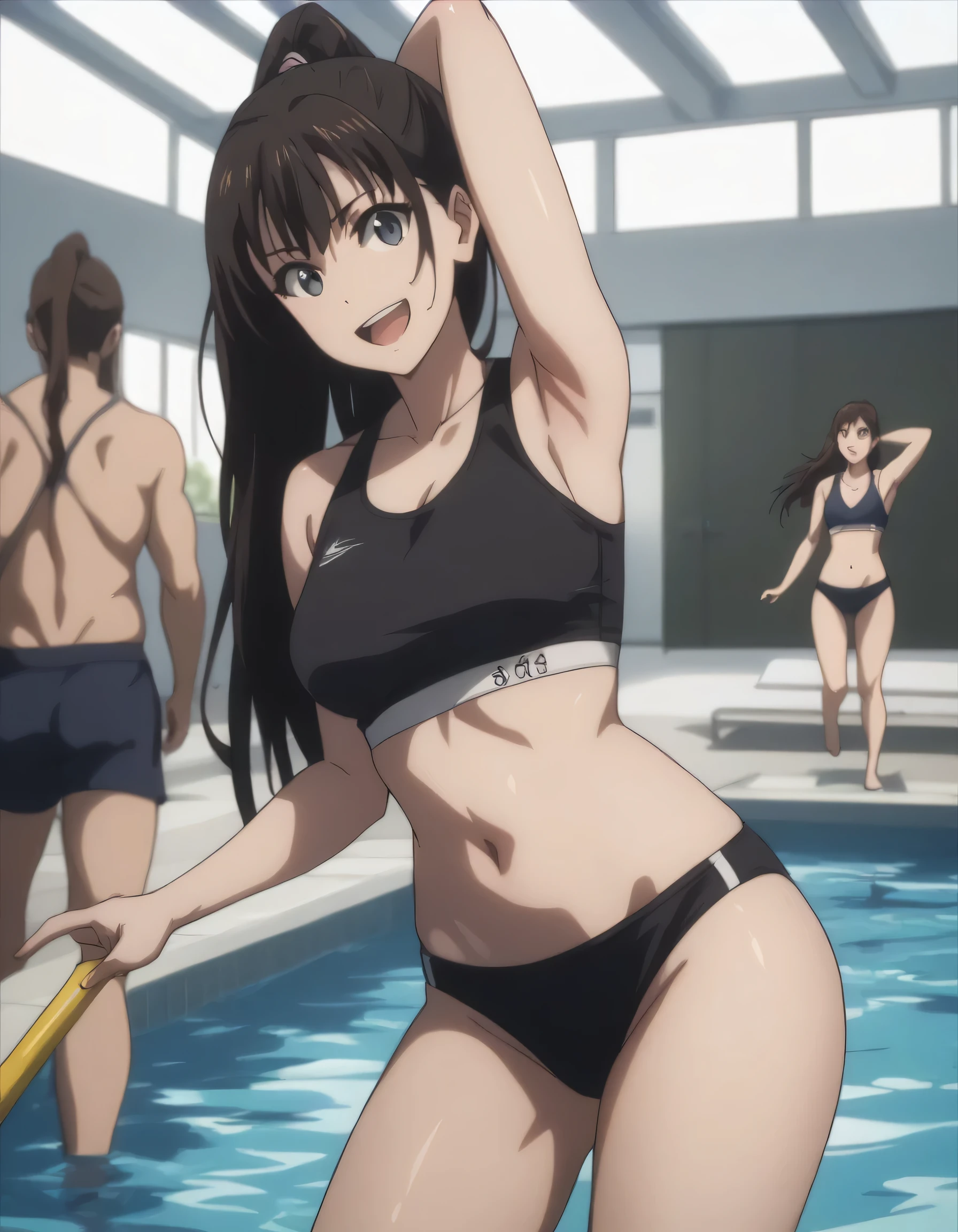 score_9, score_8_up, score_7_up, gsfghtr, smile, open mouth, loose long hair, black sport bra, black sport panties, 1girl, smile, one hand behind head, armpit, swimming pool, other people are swimming