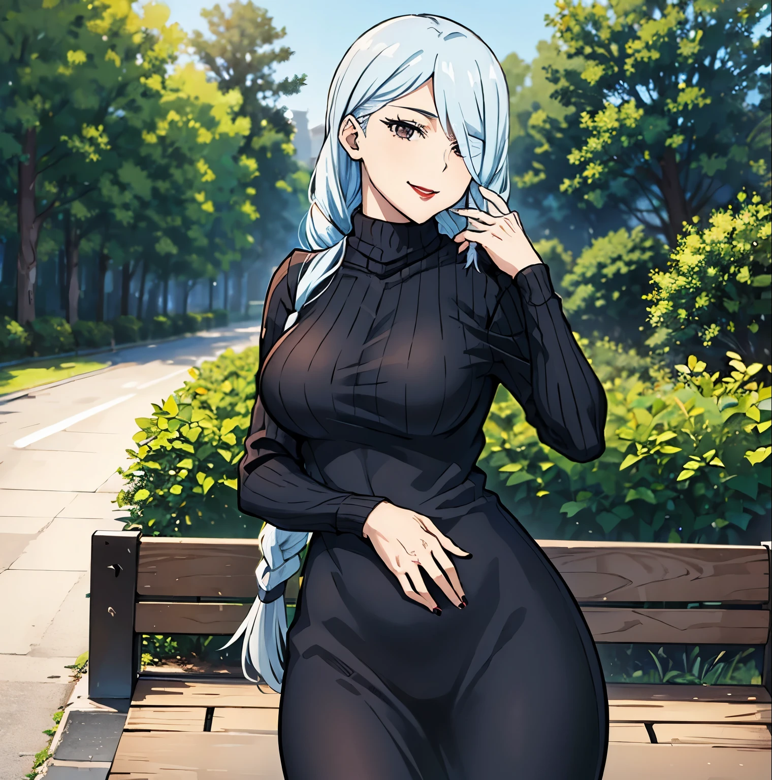 1 girl, alone, mei mei, masterpiece, best quality: 1.2), smile, red lips, ponytail, black sweater, (ribbed sweater), alone, (collarbone), tight clothing, open air, no menswear, ( long_locks), (thick_locks), head tilted, silver hair, she is in the center of the image, cowboy photo, standing, (((hand on chin))), looking at viewer, from behind, point of view (from below), big breasts, medium waist, wide hips, medium thighs, round butt, outdoors, bench, perfect anatomy, perfect hands