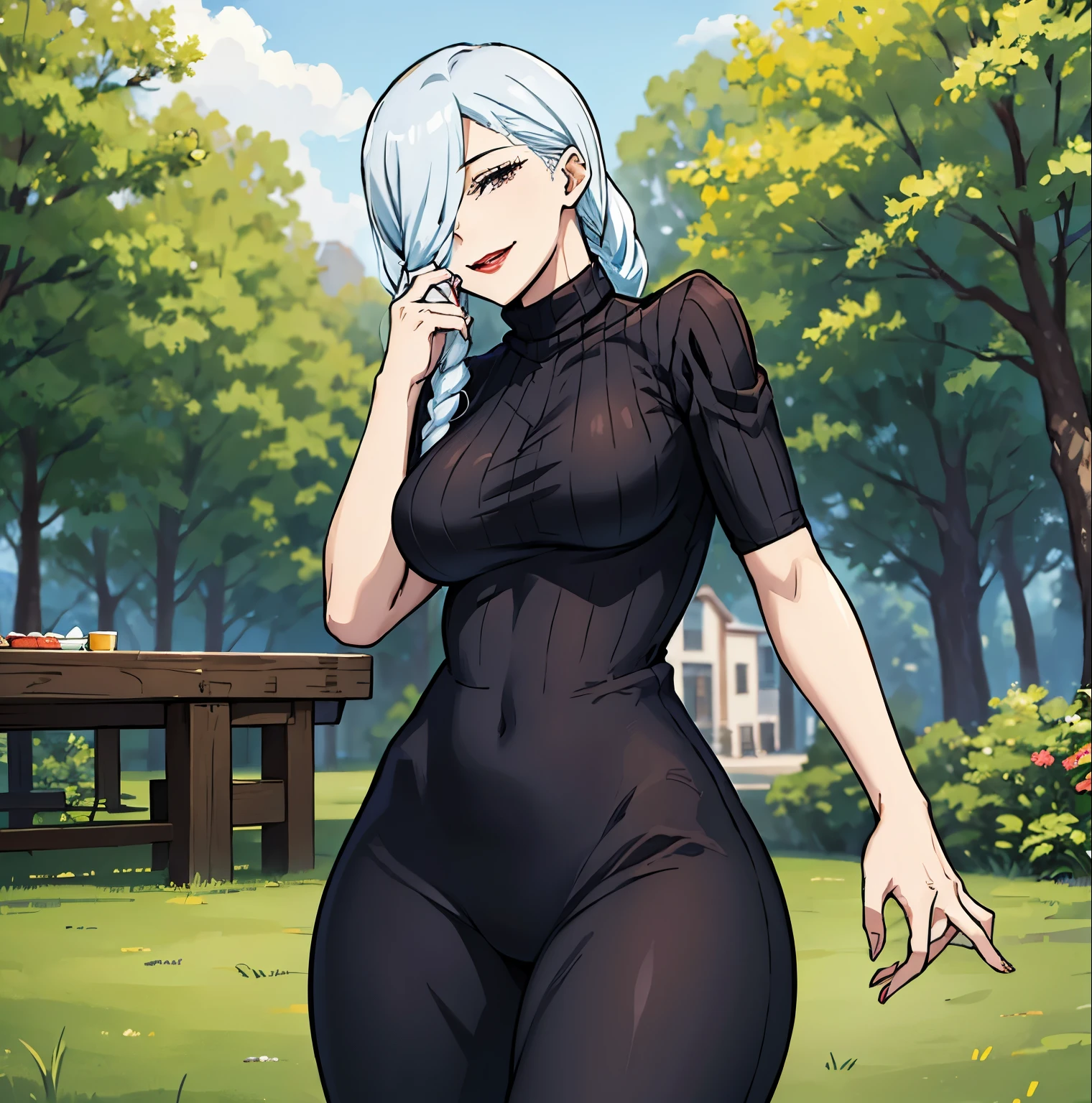 1 girl, alone, mei mei, masterpiece, best quality: 1.2), smile, red lips, ponytail, black sweater, (ribbed sweater), alone, (collarbone), tight clothing, open air, no menswear, ( long_locks), (thick_locks), head tilted, silver hair, she is in the center of the image, cowboy photo, standing, (((hand on chin))), looking at viewer, from behind, point of view (from below), big breasts, medium waist, wide hips, medium thighs, round butt, outdoors, bench, perfect anatomy, perfect hands