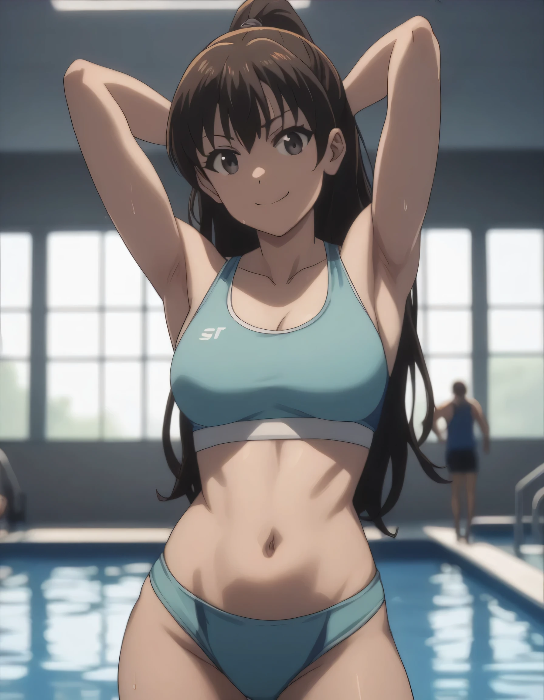 score_9, score_8_up, score_7_up, gsfghtr, loose long hair, sport bra, sport panties, 1girl, smile, hands behind head, armpit, swimming pool