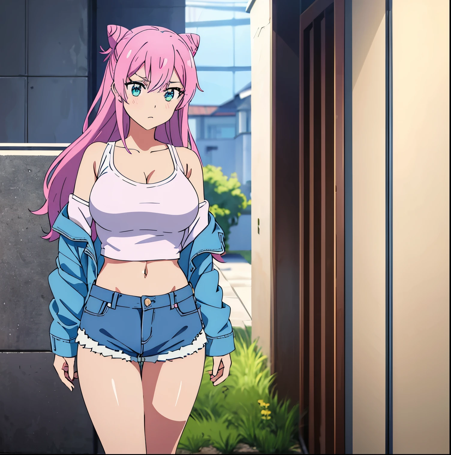 1 girl, alone, akari watanabe, long hair, alone, pink hair, blue eyes, looking at viewer, big breasts, 1 girl, crop top, denim jacket, bare shoulders, two tails, double bun, white t-shirt, cleavage, shorts blue, short shorts, big breasts, medium waist, wide hips, wide thighs