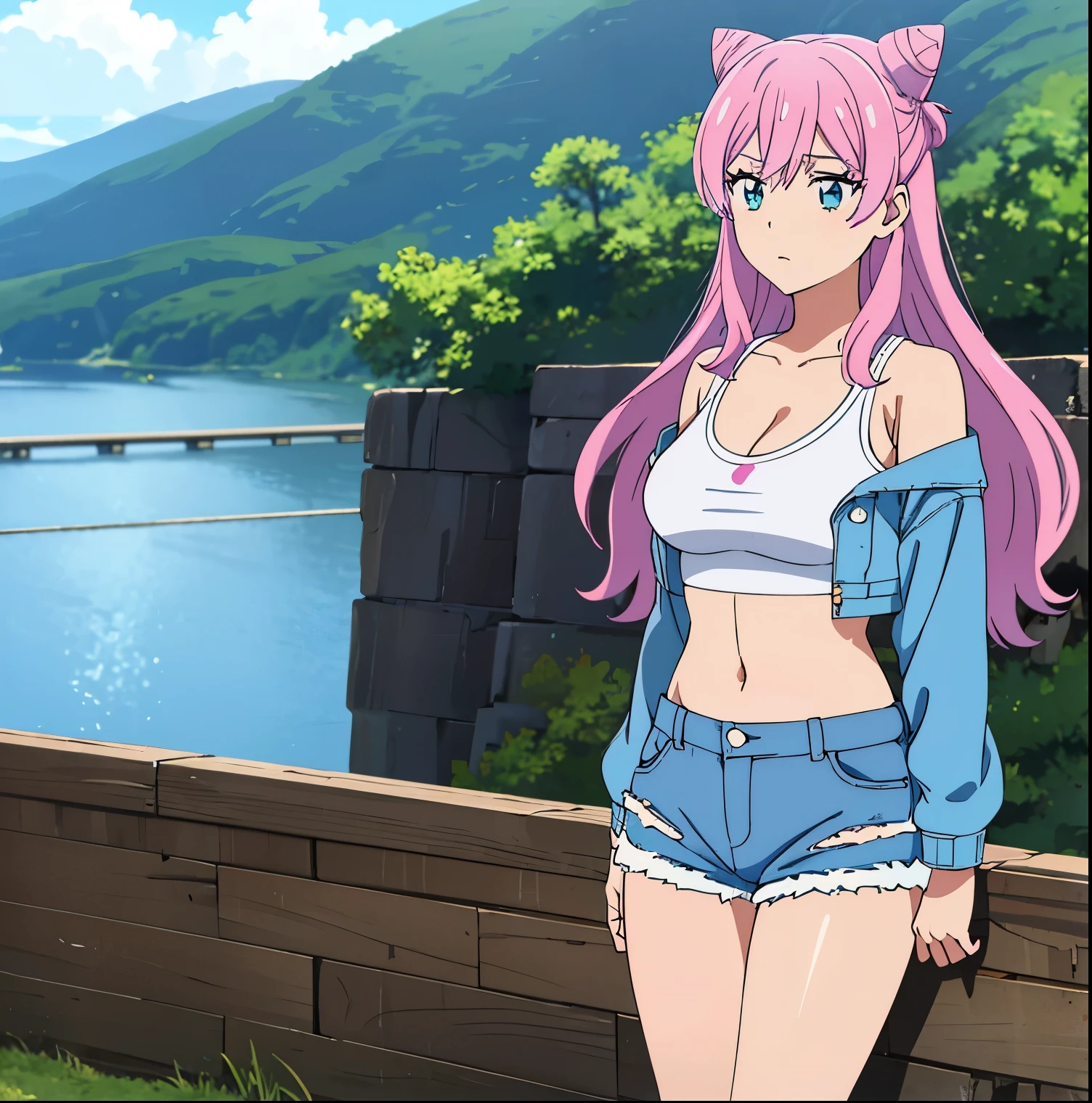 1 girl, alone, akari watanabe, long hair, alone, pink hair, blue eyes, looking at viewer, big breasts, 1 girl, crop top, denim jacket, bare shoulders, two tails, double bun, white t-shirt, cleavage, shorts blue, short shorts, big breasts, medium waist, wide hips, wide thighs