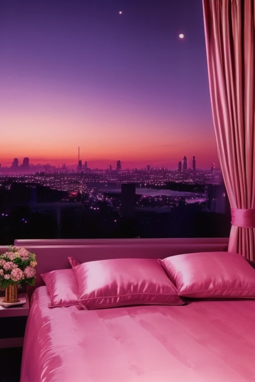 dreamy, luxurious bedroom with satin bed at twilight with a view overlooking a distant city. gradient of purples and pinks sky, enhancing the magical, serene atmosphere. 1980 retro