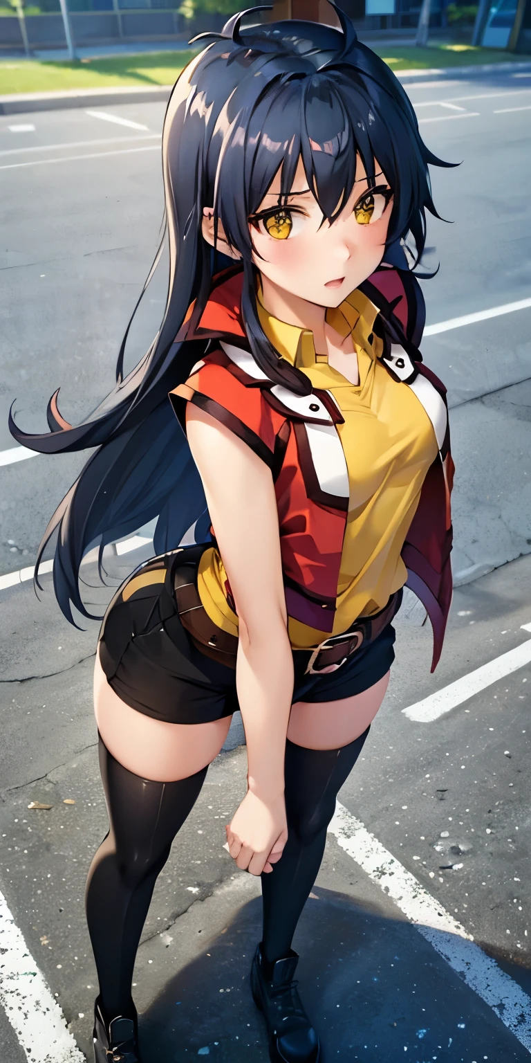 1 Female,High definition,high resolution,Ultra-realistic,8K, hmrei, long hair, black hair,yellow eyes,red jacket, collared shirt, yellow shirt, sleeveless, belt, black shorts, black thighhighs ,black boots, medium breasts,European,sexy,Upper body close-Photographed from the front,Dynamic Angles,private teacher,blush, small tits ,(top view),(full body), Multicolored hair ,(from behind ),big ass