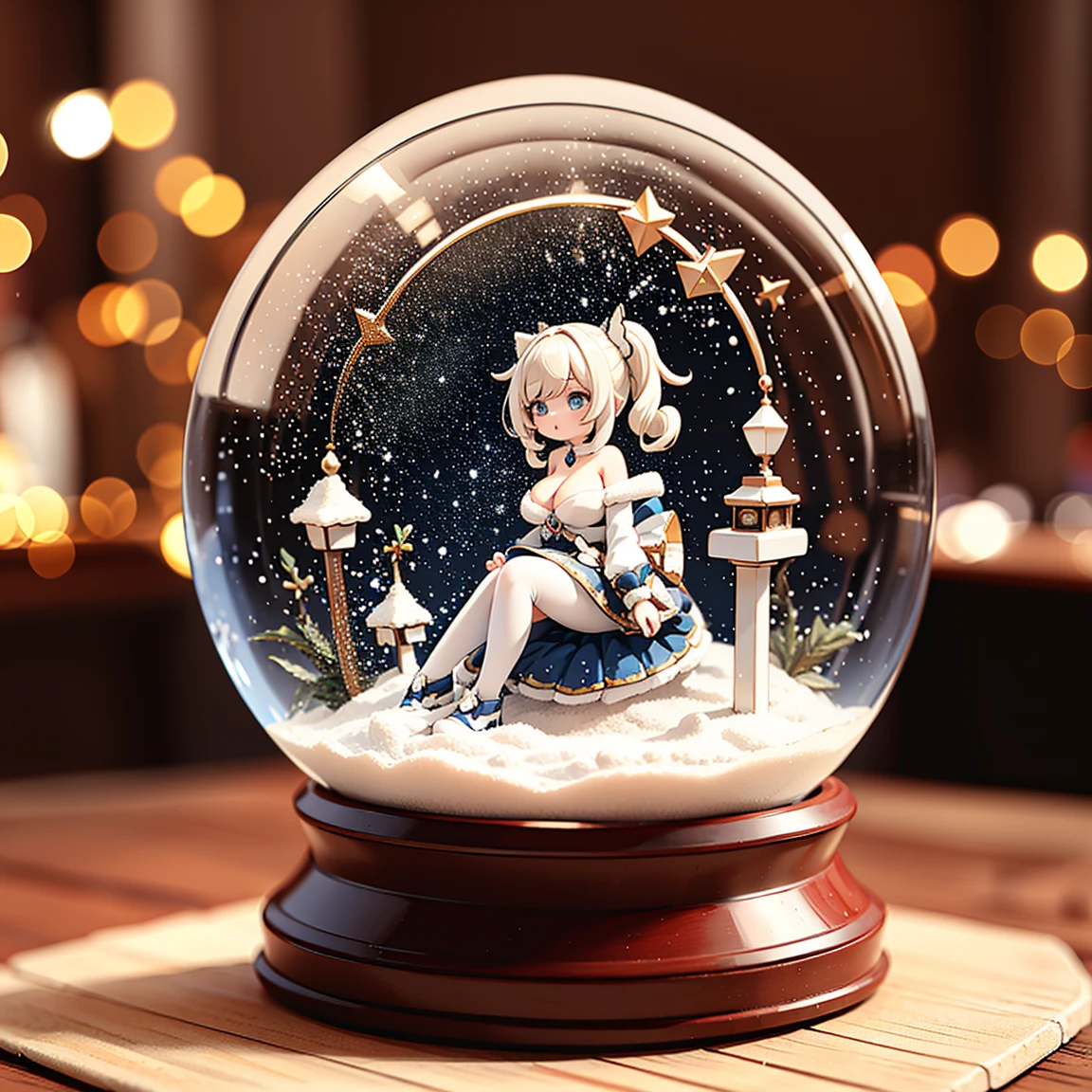 ( girl trapped in a round crystal ball ),Alone,  fantasy art style , Gruvitz style artwork,  round glass cover ,  very round crystal ball ,   has clevis , Latin Cross,  blond hair,  white hair up to her waist , Double Tail,  double diamond ,  blue eyes , White Dress,  frill skirt,  split sleeve , Dress Cloth,white pantyhose, Best Quality,masterpiece, ultra high resolution, (masterpiece),Best Quality,  1 Big Breasts Girl  在水晶球里面, 富 has clevis 表现力的眼睛, Perfect face,  full body lesbian ,  at dawn,(Yuki, building,  Christmas,  Christmas tree), 1 Big Breasts Girl  ,,English Text,Yukiing