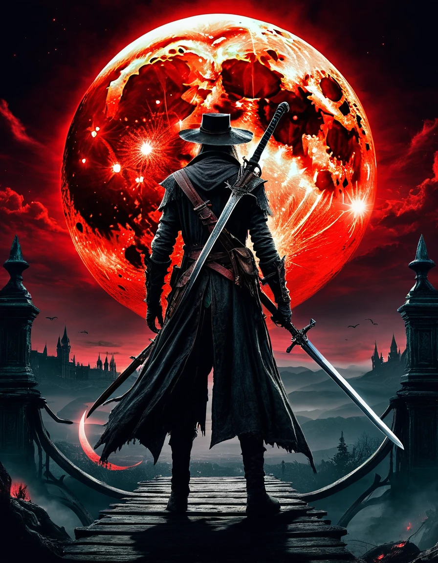 a bloodborne like hunter,  holding a sword  ,  background（Cyanosis）、bridge、huge red moon in the sky、cosmic world、 Dark Fantasy Art ,  Best Quality ,  Wide Shots   , Ultra Wide Angle, masterpiece, 