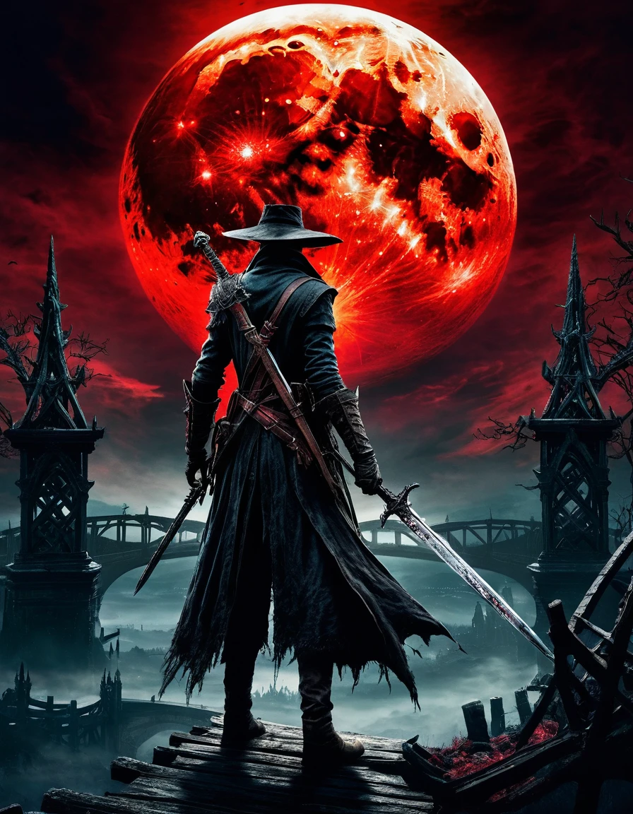 a bloodborne like hunter,  holding a sword  ,  background（Cyanosis）、bridge、huge red moon in the sky、cosmic world、 Dark Fantasy Art ,  Best Quality ,  Wide Shots   , Ultra Wide Angle, masterpiece, 