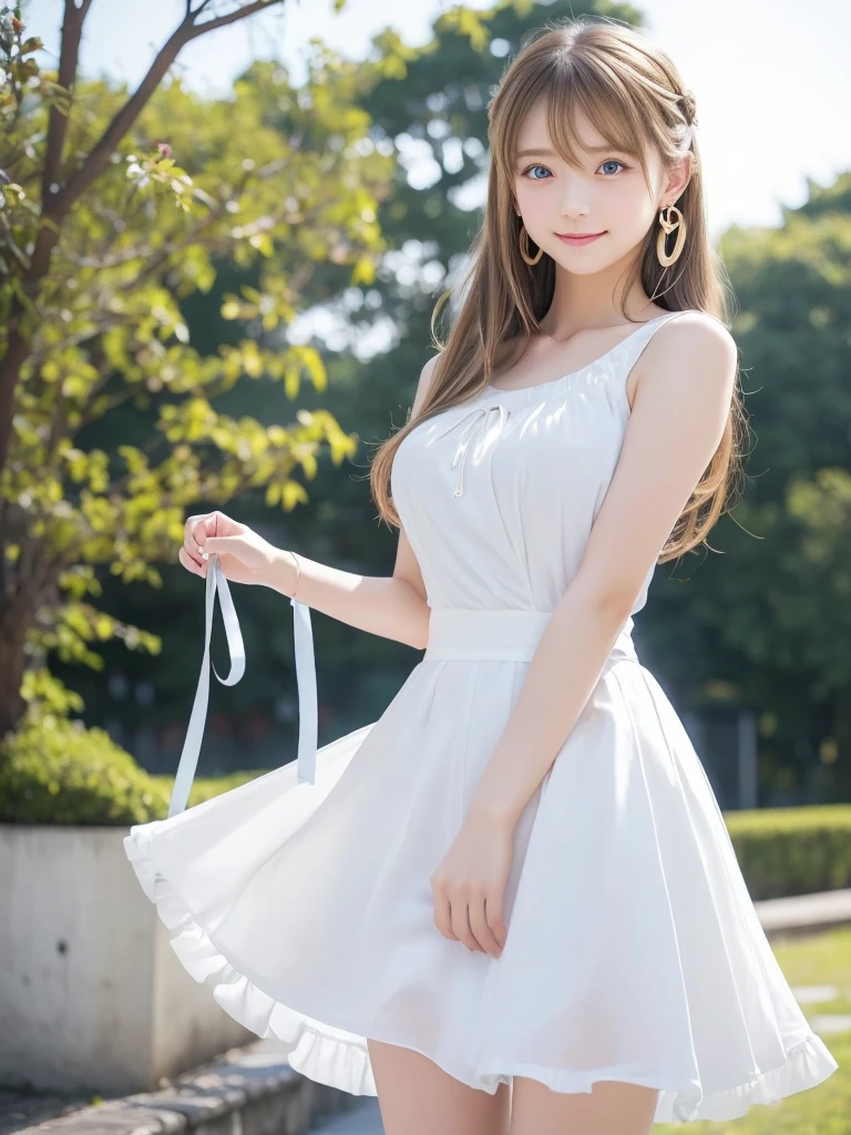  1 girl,  high definition, Long Hair,  turn your gaze , smile,  blush,  opens her mouth, bangs, Blonde,  blue eyes , ribbon,  earrings for a woman alone,  Ring of Angels , moving line, masterpiece,  anatomically correct , Best Quality, accurate,  Japanese female middle school students 、Women's Beautiful Curvy 、 Balanced Limbs with Moderate Muscles