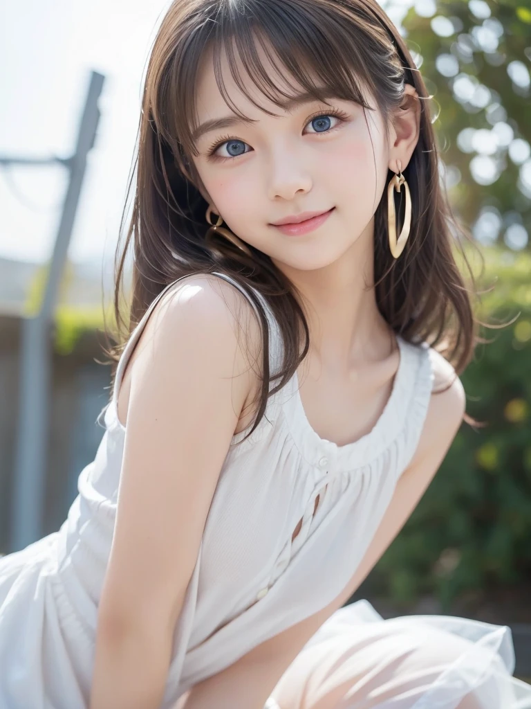  1 girl,  high definition, Long Hair,  turn your gaze , smile,  blush,  opens her mouth, bangs, Blonde,  blue eyes , ribbon,  earrings for a woman alone,  Ring of Angels , moving line, masterpiece,  anatomically correct , Best Quality, accurate,  Japanese female  、Women's Beautiful Curvy 、 Balanced Limbs with Moderate Muscles