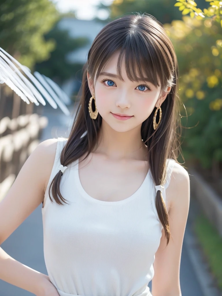  1 girl,  high definition, Long Hair,  turn your gaze , smile,  blush,  opens her mouth, bangs, Blonde,  blue eyes , ribbon,  earrings for a woman alone,  Ring of Angels , moving line, masterpiece,  anatomically correct , Best Quality, accurate,  Japanese female  、Women's Beautiful Curvy 、 Balanced Limbs with Moderate Muscles