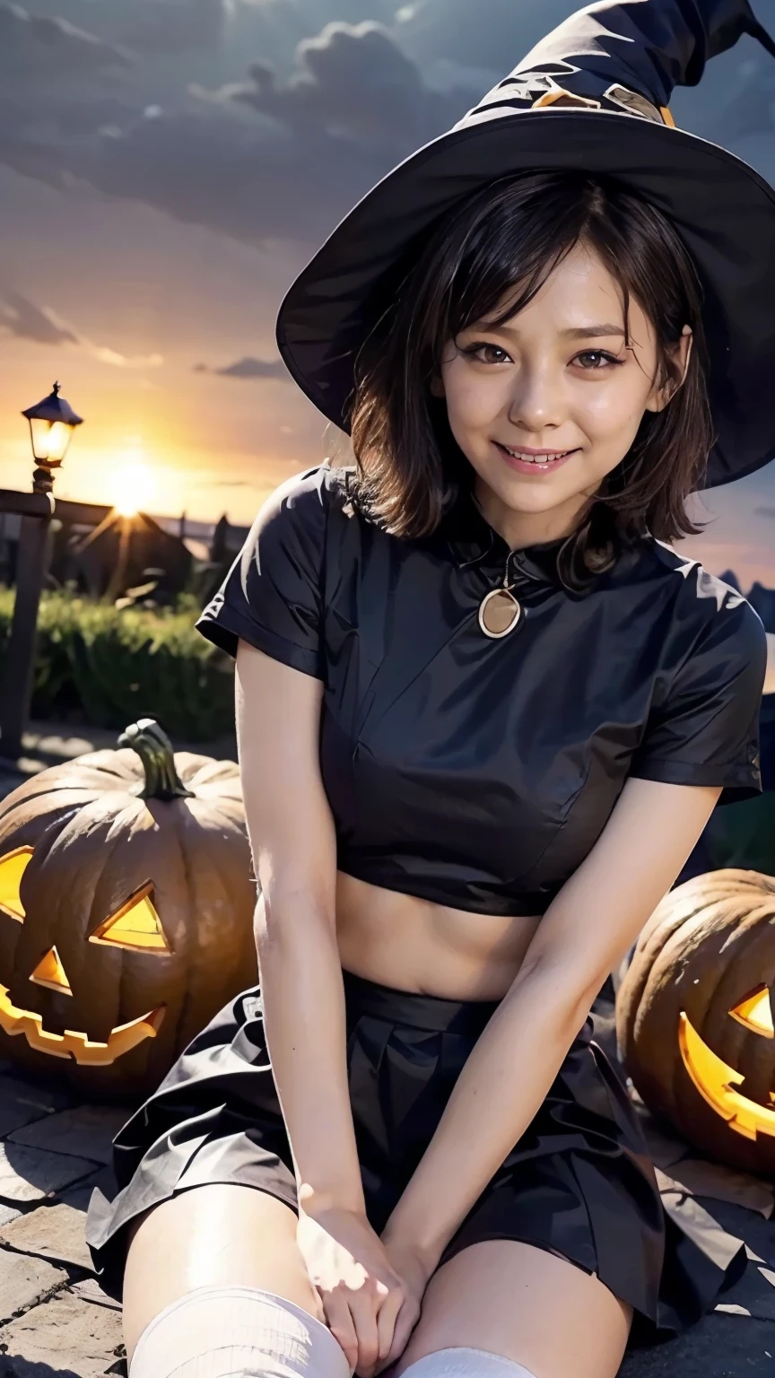  Halloween Night:1.3、(Sit in the alley:1.2、witch、(Squint your eyes and laugh:1.5、 big smile )、 open crotch :1.5、 open legs、 detailed panties)、(( Halloween Cosplay 、Black pointed hat、witchの衣装、 pleated skirt:1.2、 Over Knee High Socks:1.5))、( viewed from below)、(Realistic、 as in the picture 、live-action、8k, Realistic, RAW photo, Highest quality: 1.4),  SLR Camera 、RAW photo, Best Quality, Realistic,  Highly Detailed CG Unity 8k Wallpaper,  written boundary depth, Cinematic Light,  lens flare ,  ray tracing, Realistic background、(( super dense skin ))、 after school、(whole body:1.5)、( short hair:1.2、  Hair Blown in the Wind :1.4)、i like that style、 stylish 、 very detailed、  details that are exposed above the knee 、Perfect outfit、( tanned skin)、Accurate hands、Accurate legs、 Detailed hands and fingers 、  Anatomically Correct Body 、Thin legs、 thin thighs、 small breasts、 very detailedな顔