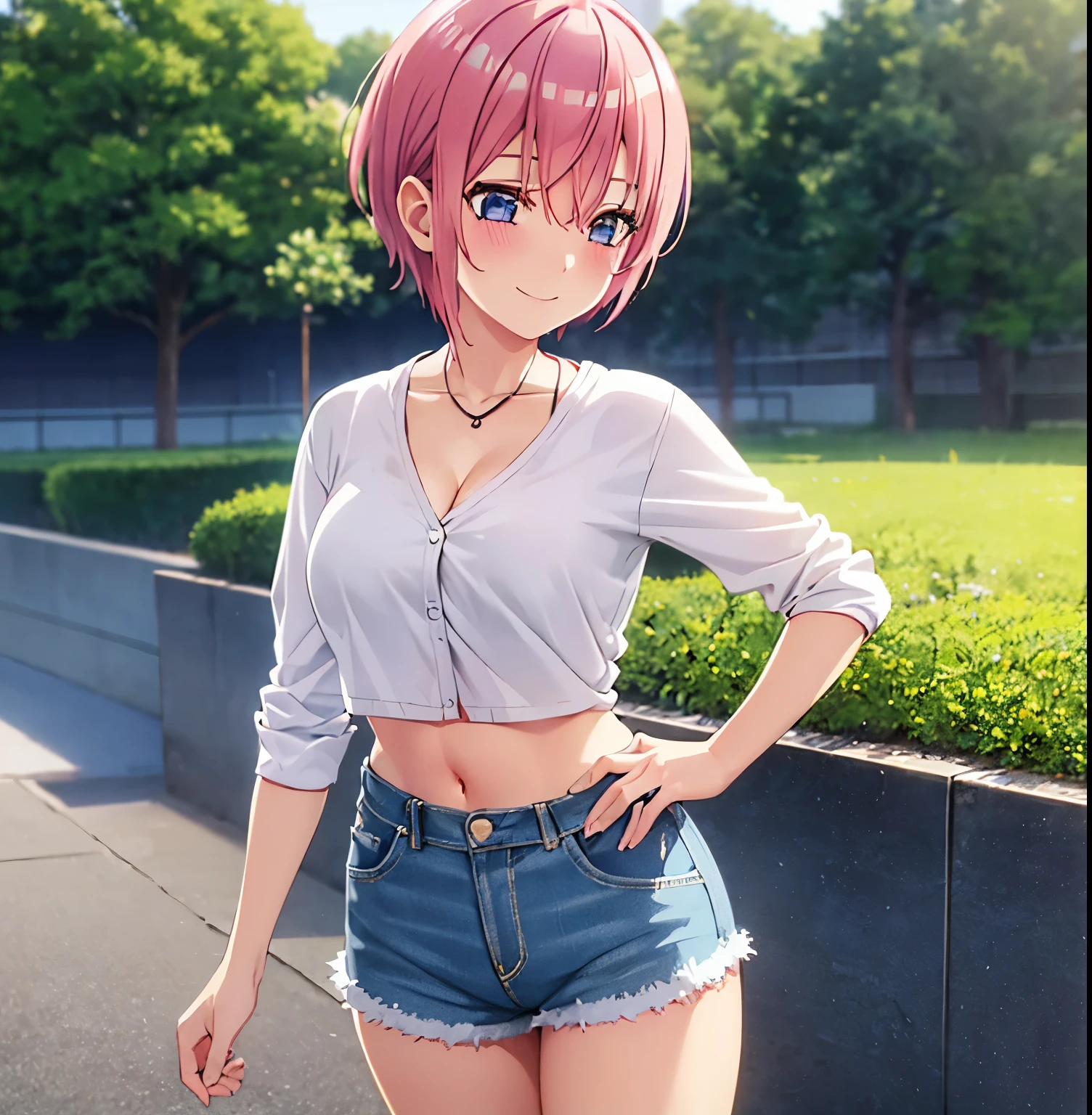 2d, masterpiece, best quality, anime, highly detailed, 1girl, solo, cowboy shot, nakano ichika, pink hair, short hair, cardigan around waist,White crop top, cleavage,Denim shorts, medium breasts, standing, outdoors, smile