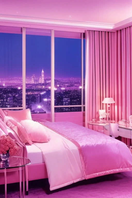 dreamy, luxurious bedroom with satin bed at twilight with a view overlooking a distant city. gradient of purples and pinks sky, enhancing the magical, serene atmosphere. 1980 retro