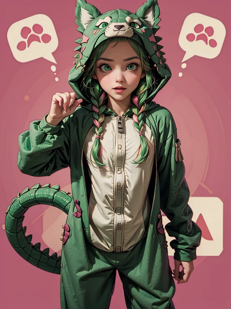 1girl, Sothis, solo, green hair, long hair, green eyes, twin braids, dinosaur pajamas, dragon onesie, hood up, stuffed tail, s turn, bending over, paw pose, playful expression, cowboy shot, flat background, hot pink background
