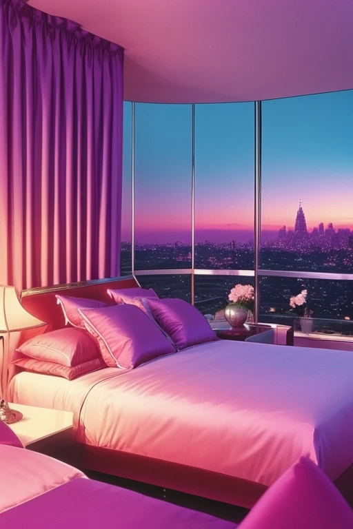 dreamy, luxurious bedroom with satin bed at twilight with a view overlooking a distant city. gradient of purples and pinks sky, enhancing the magical, serene atmosphere. 1980 retro