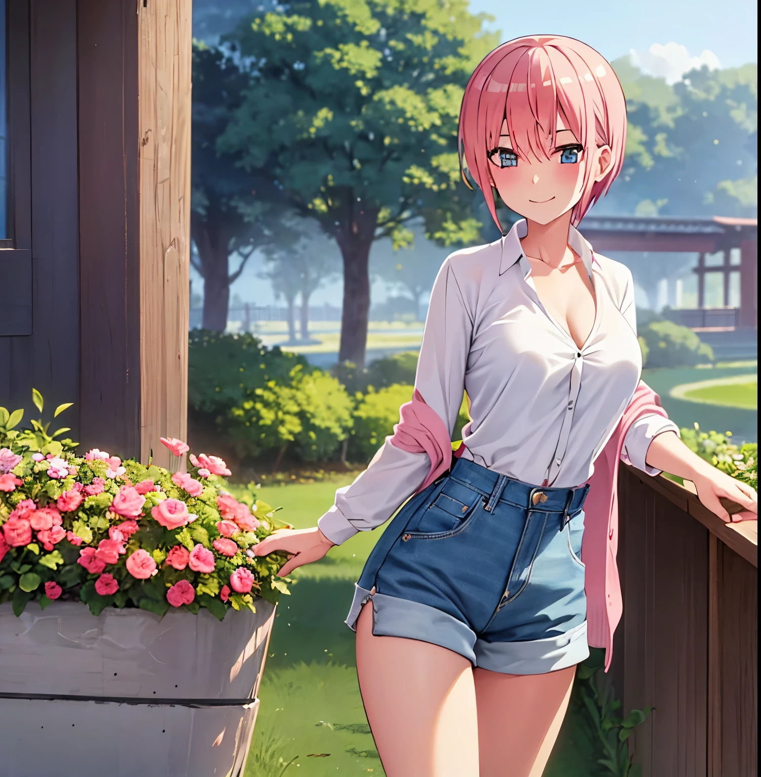 2d, masterpiece, best quality, anime, highly detailed, 1girl, solo, cowboy shot, nakano ichika, pink hair, short hair, cardigan around waist,White crop top, cleavage,Denim shorts, medium breasts, standing, outdoors, smile