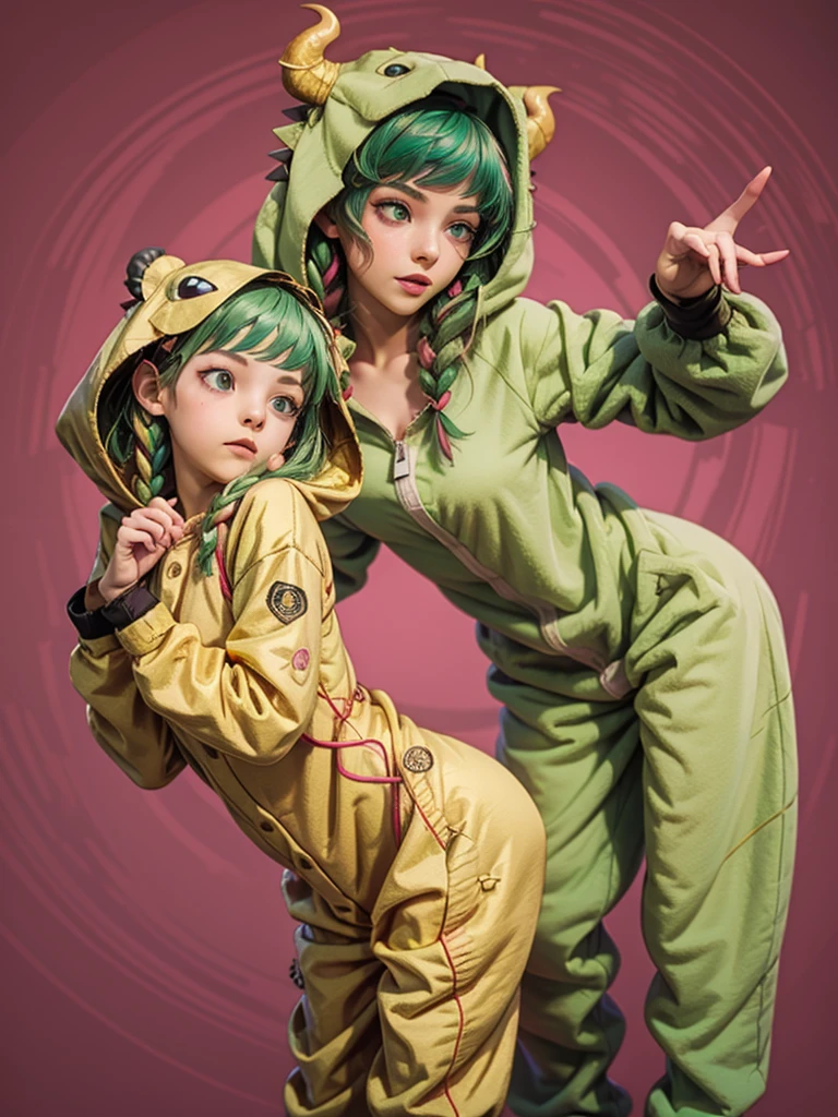 1girl, Sothis, solo, green hair, long hair, green eyes, twin braids, dinosaur pajamas, dragon onesie, hood up, stuffed tail, gold accents, side view, turning body, bending over, paw pose, playful expression, cowboy shot, flat background, hot pink background
