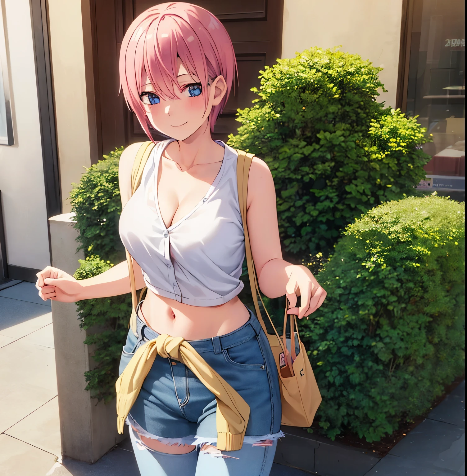 2d, masterpiece, best quality, anime, highly detailed, 1girl, solo, cowboy shot, nakano ichika, pink hair, short hair, cardigan around waist,White crop top, cleavage,Denim shorts, medium breasts, standing, outdoors, smile