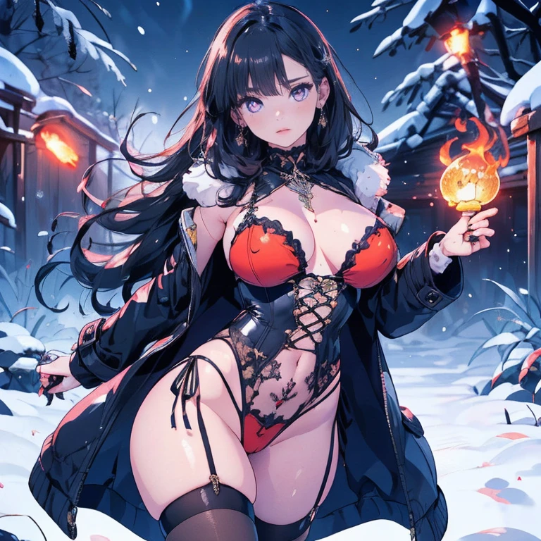 full body Waifu beautiful detailed eyes, beautiful detailed lips, extremely detailed eyes and face, longoth girl,(((1girl))),((extremely cute and beautiful black haired anime goth girl)),((())),

(large breasts:1.2),((((black wavy hair:1.35,absurdly long unkempt hair,messy hair,colored inner hair,ear breathing)))),((purple_eyes:1.5)),intricate eyes,beautiful detailed eyes,symmetrical eyes,Big eyes:1.5,((fat)),(((lustrous skin:1.5,bright skin: 1.5,skin tanned,shiny skin,very shiny skin,shiny body,plastic glitter skin,exaggerated shiny skin,illuminated skin))),(spider lower abdomen,narrow waist,wide hip,athletic body,inflated legs,thick thighs,detailed body,(detailed face)),

cute,slutty,seductive,erotic,(nsfw),

Her clothing is an exciting fusion between Spawn and Lady Death resulting in a new outfit that embodies elements of both,zettai ryouiki,revealing clothing,show skin,(((Sexy goth coat, goth coat outfit, wearing a goth coat:1.3,black winter coat))),((black mini-skirt,black mini skirt,visible thong straps)),((underpants strap)),((black corset)),(black gloves,black gothic clothes,semi-naked,with little goth clothing),(((Black Eyeshadow,Thick Black Eyeliner,Long Dramatic Eyelashes,Black Lips,Goth Accessories,intricate makeup))),Hooded cape, (Red suit Lava volcano fire texture: 1.4), black sexy lingerie, panties,(((lace on your clothes,intricate outfit,intricate clothes,embroidered outfit,ornate outfit,embroidered clothes,ornate clothes))),

(dynamic pose:1.0),embarrassed,(centered,scale to fit dimensions,Rule of thirds),

((((many fireflies,fireflies,glowing fireflies,fireflies in the background)))),

((snowy pine forest at night)),with dark stormy clouds,winter,scenery:1.25,intricate scenery,((snow forest background)),Christmas tree,

(Glossy winter ornaments),highres,sharp focus,(ultra detailed,extremely detailed),(photorealistic artwork:1.37),(extremely detailed CG unity 8k wallpaper),(((vibrant colors,vibrant theme))),(intricate),(masterpiece),(best quality),
