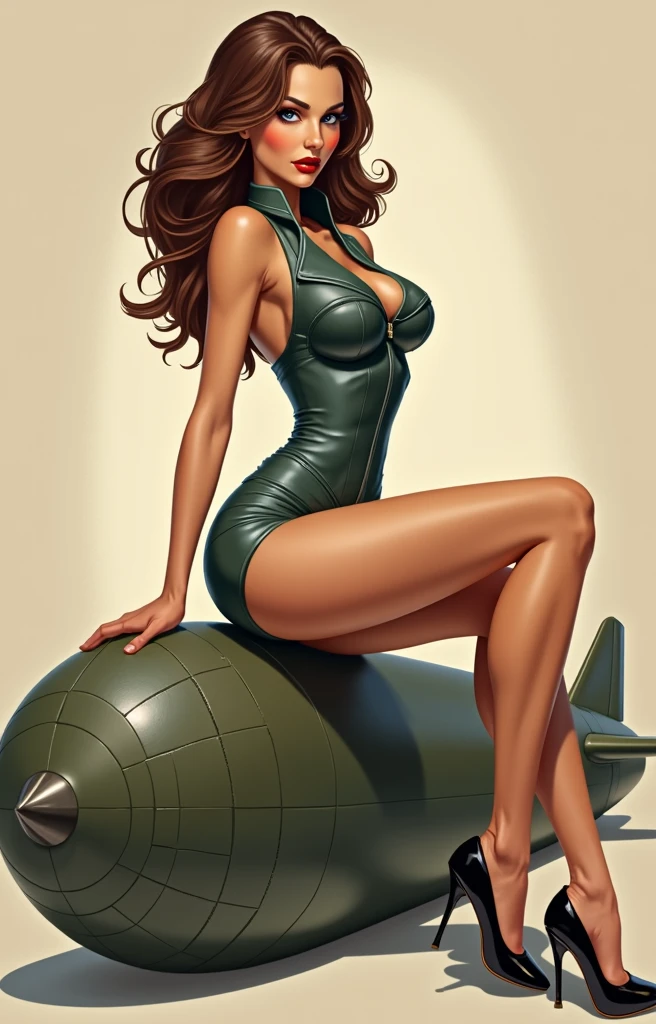 a pinup woman is riding a nuclear bomb with a sexy pose in an vintage art style