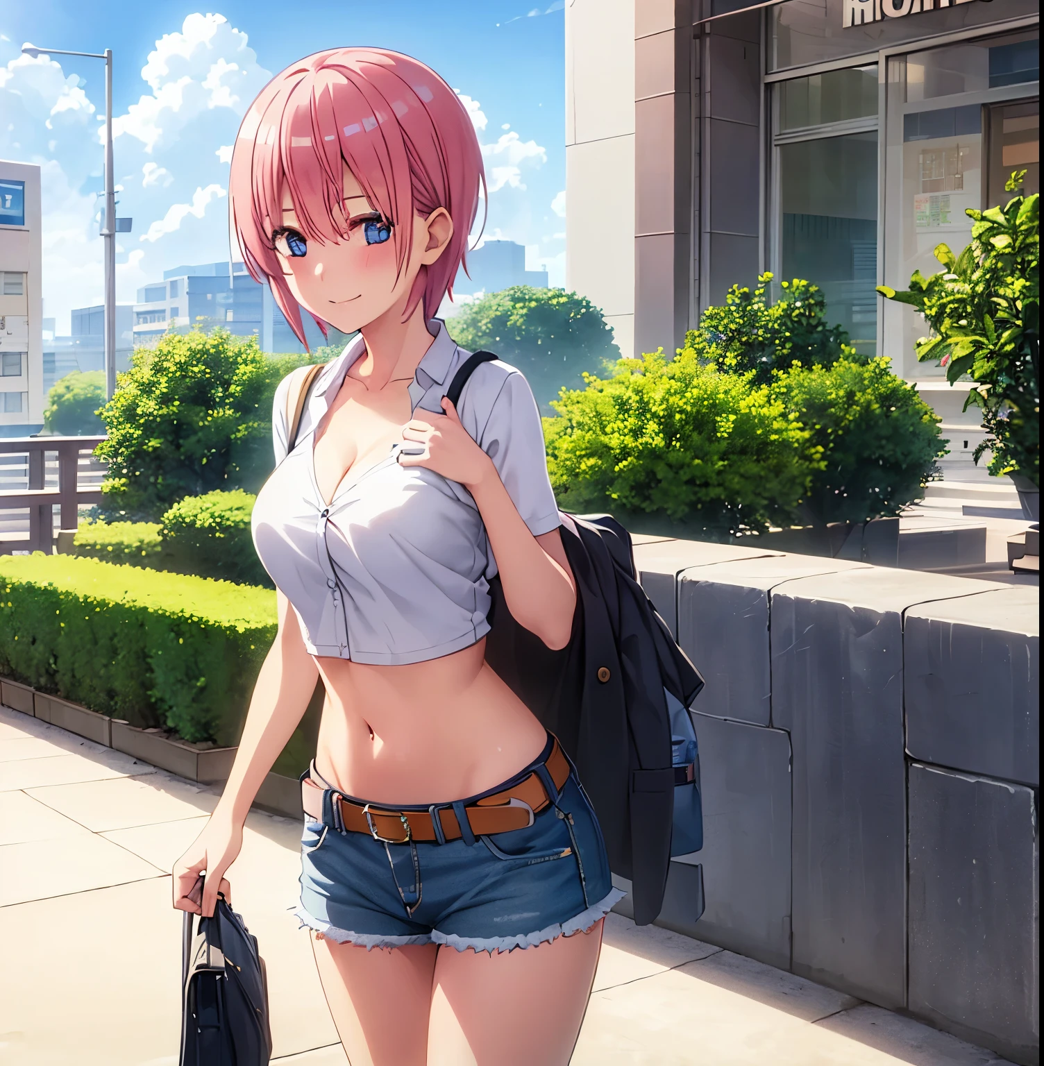 2d, masterpiece, best quality, anime, highly detailed, 1girl, solo, cowboy shot, nakano ichika, pink hair, short hair, cardigan around waist,White crop top, cleavage,Denim shorts, medium breasts, standing, outdoors, smile