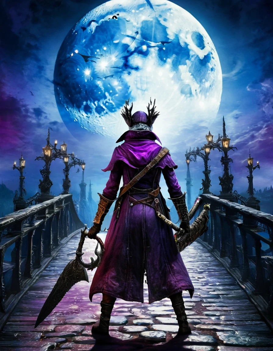  a bloodborne like hunter ,  holding a sword , background、bridge、blue-purple sky 、 huge moon in the sky、cosmic world、 Dark Fantasy Art ,  Best Quality ,  Wide Shots   , Ultra Wide Angle, masterpiece, 