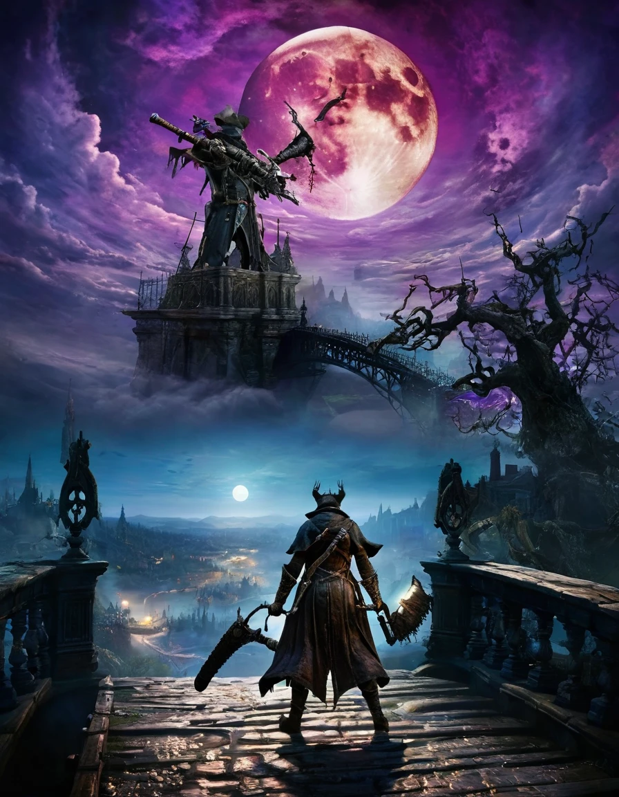  a bloodborne like hunter ,  holding a sword , background、bridge、blue-purple sky 、 huge moon in the sky、cosmic world、 Dark Fantasy Art ,  Best Quality ,  Wide Shots   , Ultra Wide Angle, masterpiece, 