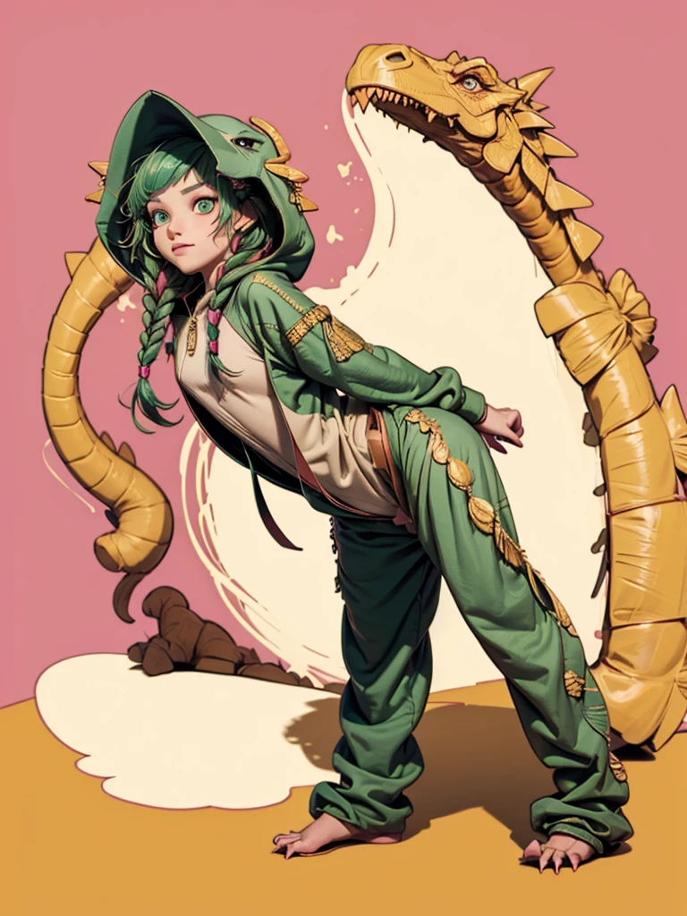 1girl, Sothis, (((solo))), green hair, long hair, green eyes, twin braids, dinosaur pajamas, dragon onesie, hood up, stuffed tail, gold accents, side view, turning body, bending over, paw pose, playful expression, cowboy shot, flat background, hot pink background
