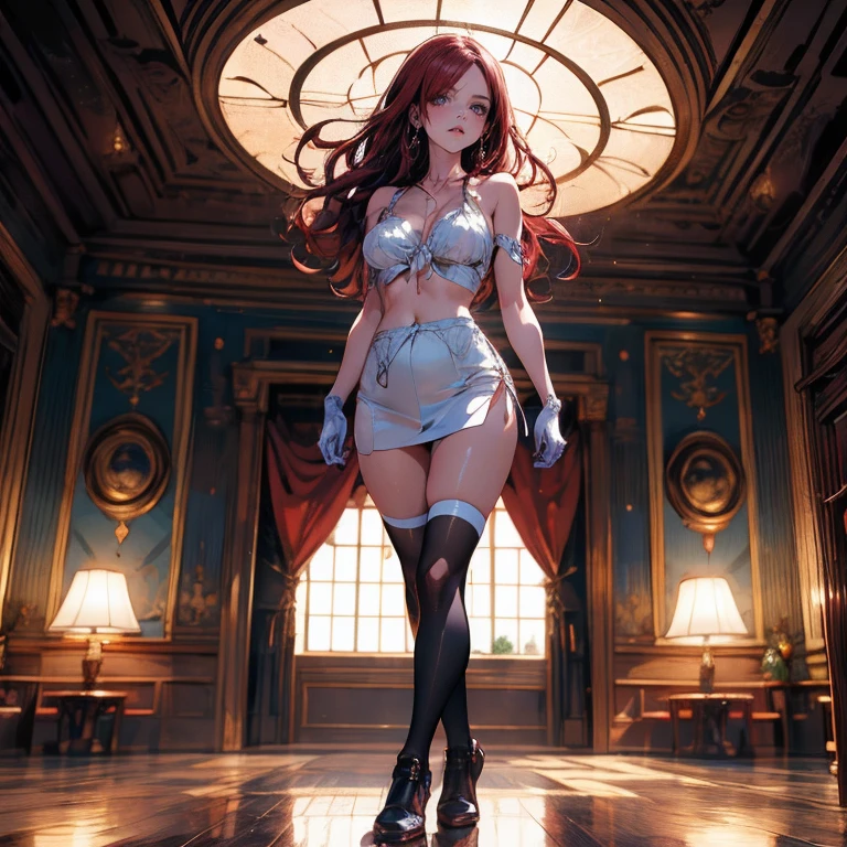 full body Waifu beautiful detailed eyes, beautiful detailed lips, extremely detailed eyes and face, longeyelashes, 1girl, sensual, young woman, sexy medium / large breasts, beautiful feminine face, nice sexy thighs, slim, sexy, erotic, beautiful fashion clothes, perfect body, perfect anatomy of female, cinematic lighting and framing, (best quality,4k,8k,highres,masterpiece:1.2),ultra-detailed,digital painting,portrait,glamorous,highly detailed,soft lighting, vivid color tones ((masterpiece)), ((best quality)), (ultra-detailed) (beautiful girl: 1.3),1girl,masterpiece, Highest quality, Ultra-high resolution hmanga, (best quality, masterpiece:1.2), ultra detailed, (anime), 1girl, Erza Scarlet \(Fairy Tail\), bare shoulders, looking at viewer, collarbone, brown eyes, hair over one eye, red hair, long hair, purple gloves, purple thighhighs, standing, (looking at viewer), (front view), room