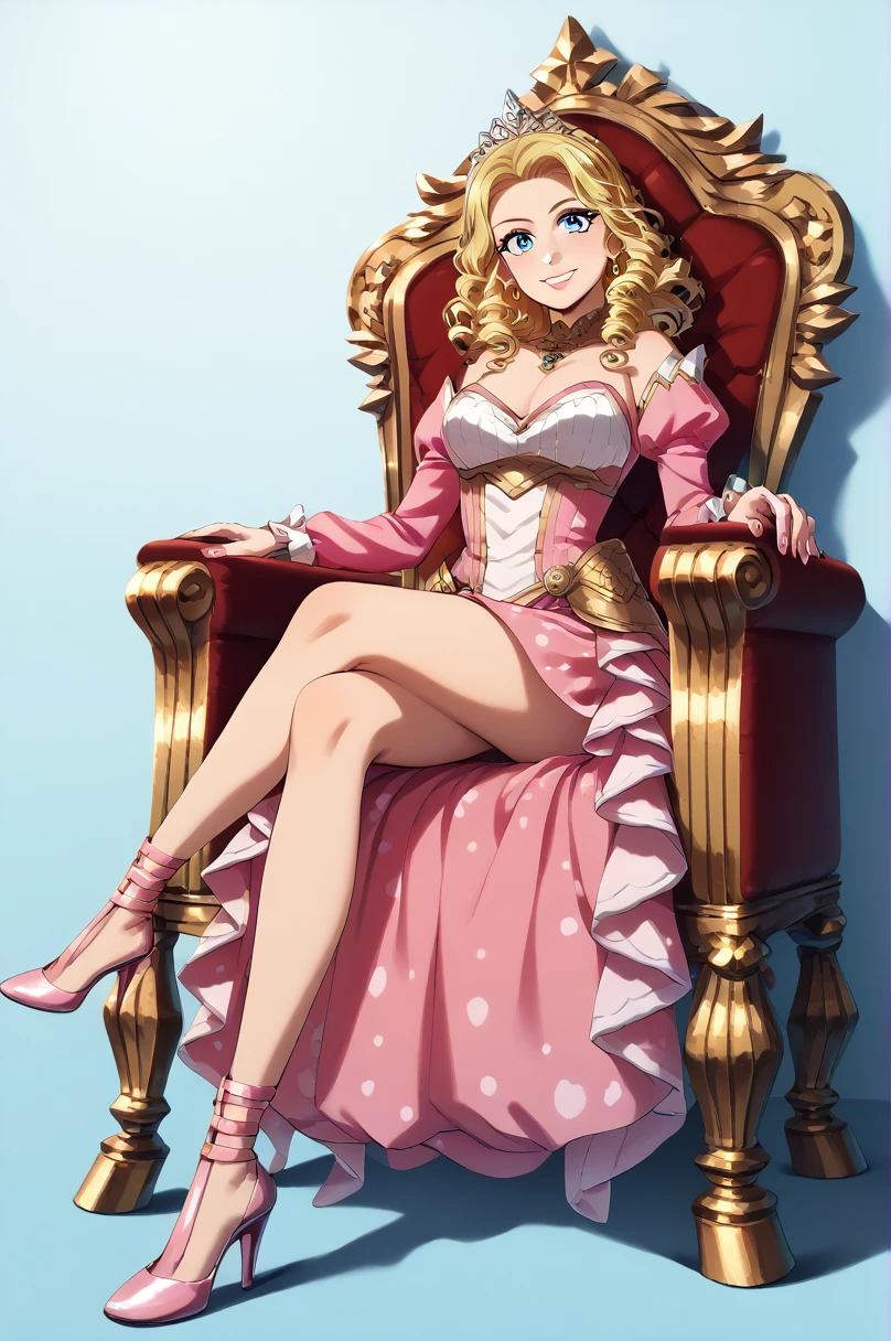 1girl, curly blonde hair, perfect face and body, blue eyes, smiling, long pink dress, low cut sleeves, layered dress, sitting on a gold throne, white tiara, gold earrings, gold necklace, round breasts, painted pink fingernails, soft pink lips, pink high heels