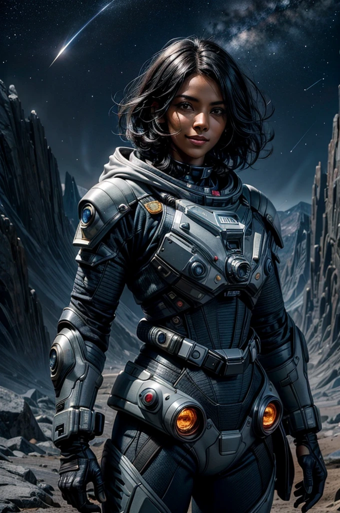 MariaCalavera, dark skin, black hair, short hair, silver eyes, smile, space suit, belts, hood, cowboy shot, (dynamic pose), standing with colleagues on alien planet, valley, jagged mountain range in the distance, lunar type surface, gold lake, distant space-station in the night sky, (volumetric lighting), intricate details, tonemapping, sharp focus, hyper detailed 