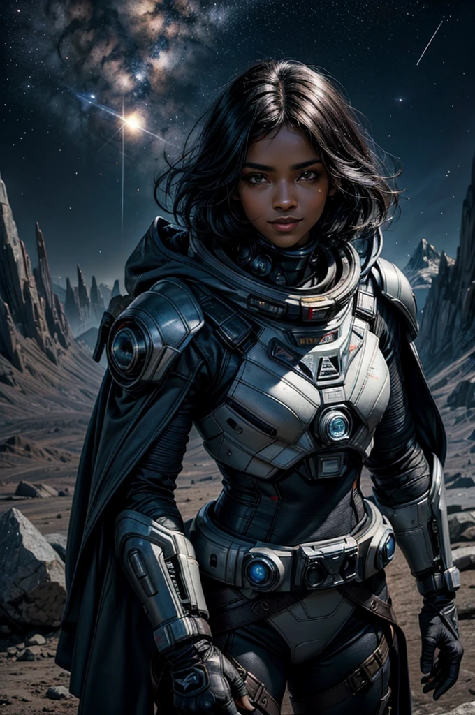 MariaCalavera, dark skin, black hair, short hair, silver eyes, smile, space suit, belts, hood, cowboy shot, (dynamic pose), standing with colleagues on alien planet, valley, jagged mountain range in the distance, lunar type surface, gold lake, distant space-station in the night sky, (volumetric lighting), intricate details, tonemapping, sharp focus, hyper detailed 