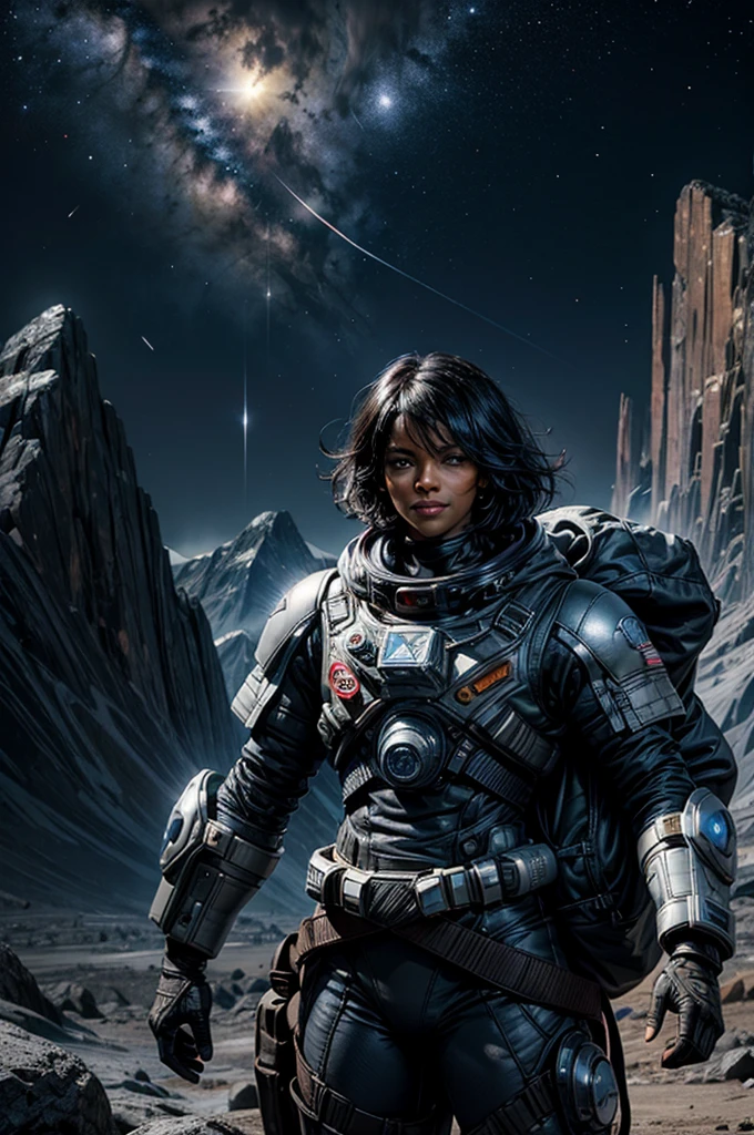 MariaCalavera, dark skin, black hair, short hair, silver eyes, smile, space suit, belts, hood, cowboy shot, (dynamic pose), standing with colleagues on alien planet, valley, jagged mountain range in the distance, lunar type surface, gold lake, distant space-station in the night sky, (volumetric lighting), intricate details, tonemapping, sharp focus, hyper detailed 