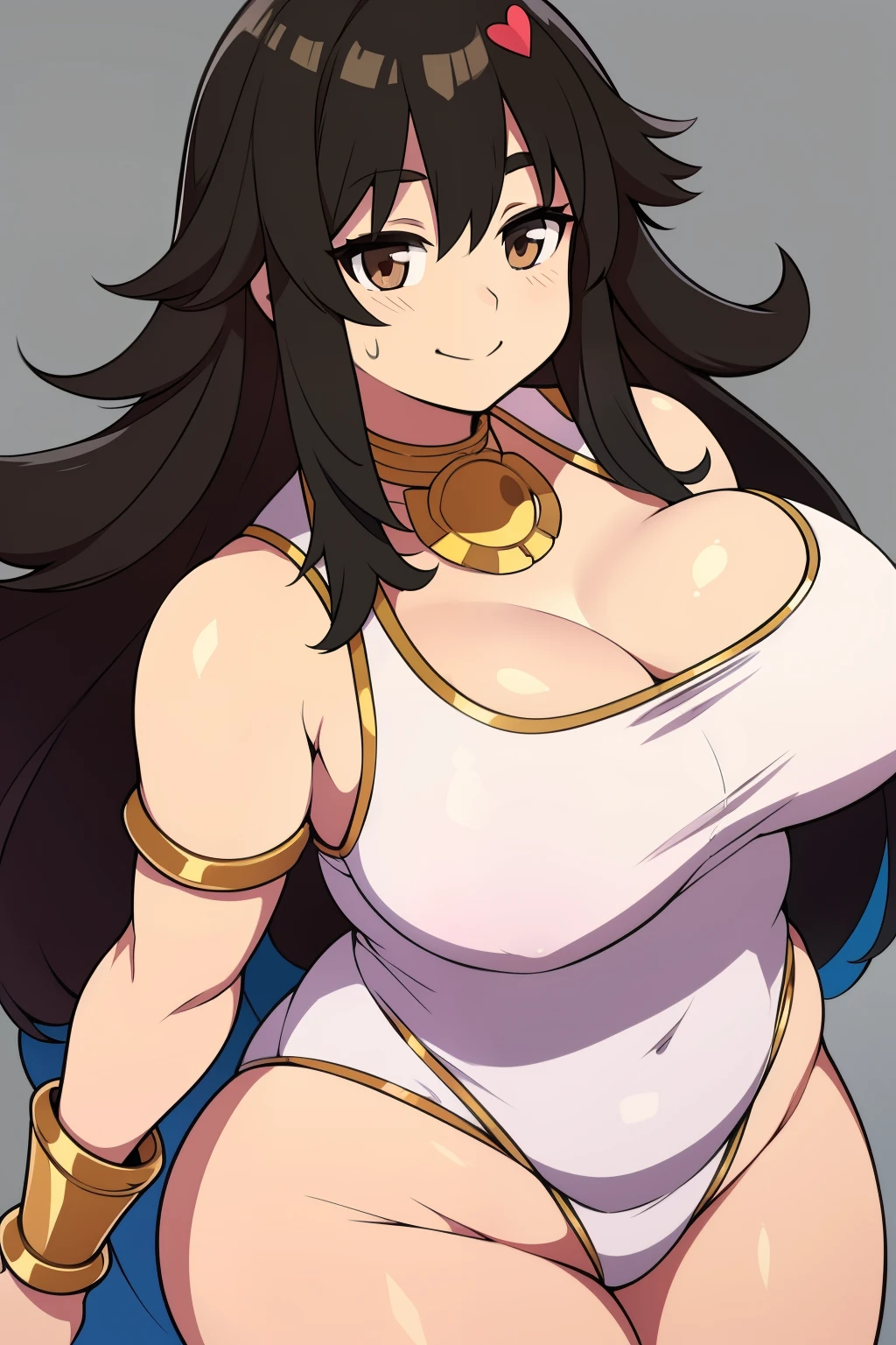 Chubby big breasts black hair brown eyes happy long messy hair smile dereder white dress with gold details Leotard