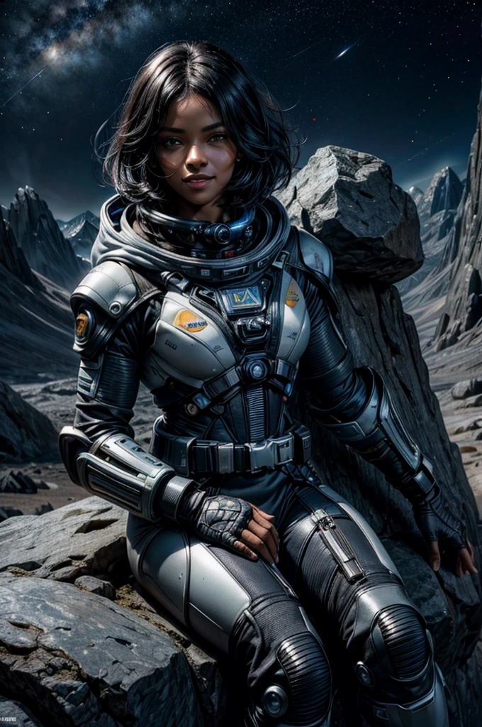 MariaCalavera, dark skin, black hair, short hair, silver eyes, smile, space suit, belts, hood, cowboy shot, (dynamic pose), sitting on alien planet, valley, jagged mountain range in the distance, lunar type surface, gold lake, distant space-station in the night sky, (volumetric lighting), intricate details, tonemapping, sharp focus, hyper detailed 