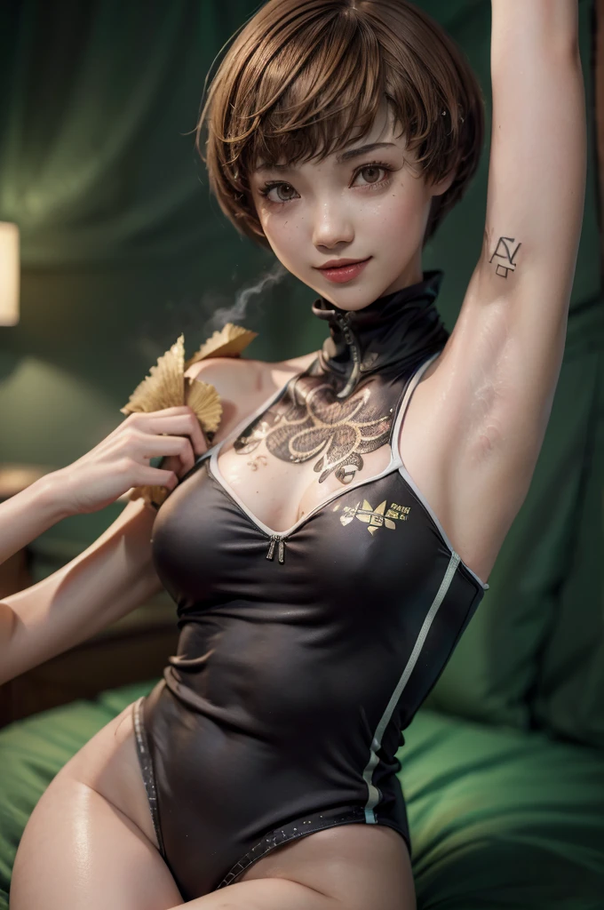 (masterpiece,beautiful,最  high quality,Super detailed,Exquisite,  very detailed,  high quality,  very detailed,hughres,4K,8k:1.5)，NSFW，(persona4:1.5)，( Satonaka Chie:1.5)，(((All-black, unpatterned competitive swimsuit:1.5)))，(smile:1.5)，(Brown Hair:1.5)，(bedroom:1.5)，((Steam，Steaming:1.3))，(((脇の皺， shows armpits，Armpit:1.3)))，