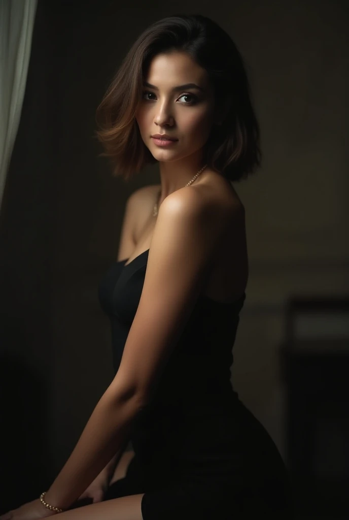 woman bathed in soft light, leaning against a wall, looking into the camera in a moment of raw emotion. Her attire is minimal, accentuating her beauty with the dramatic shadows cast by the lighting. The background is stark, with sharp contrasts highlighting the contours of her form. The red and black palette intensifies the mood, evoking a sense of mystery and allure. Subtle film grain and meticulous shading add depth and texture, emphasizing the emotional gravity of the scene. The lighting creates a chiaroscuro effect, accentuating her expressive pose and the intense atmosphere.
